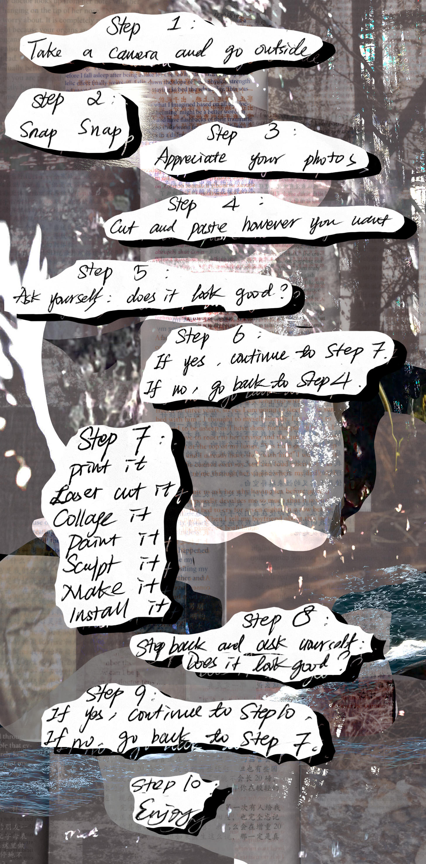 Step 10 creation manual: collaged with handwriting text, scan of narrative prose printed on vellum, and digital collage.