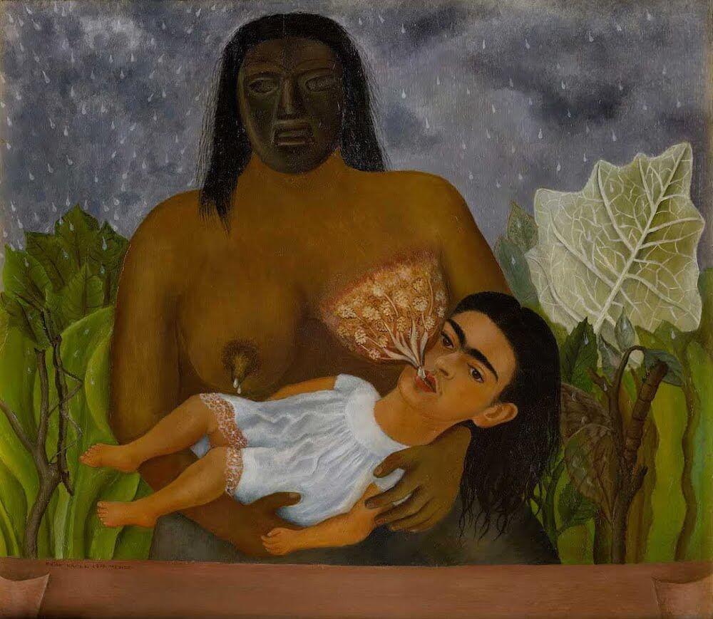 Painting of a masked woman breastfeeding an infant 
