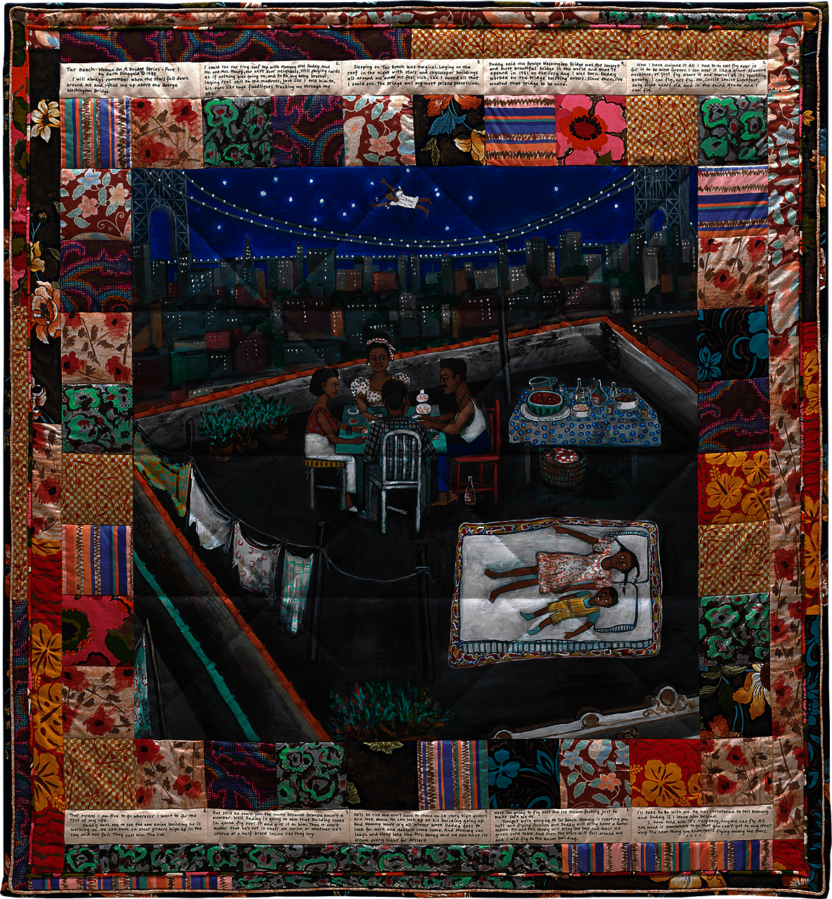 Colorful painting on fabric depicting the inscribed story of Cassie Louise Lightfoot, who flies over the George Washington Bridge