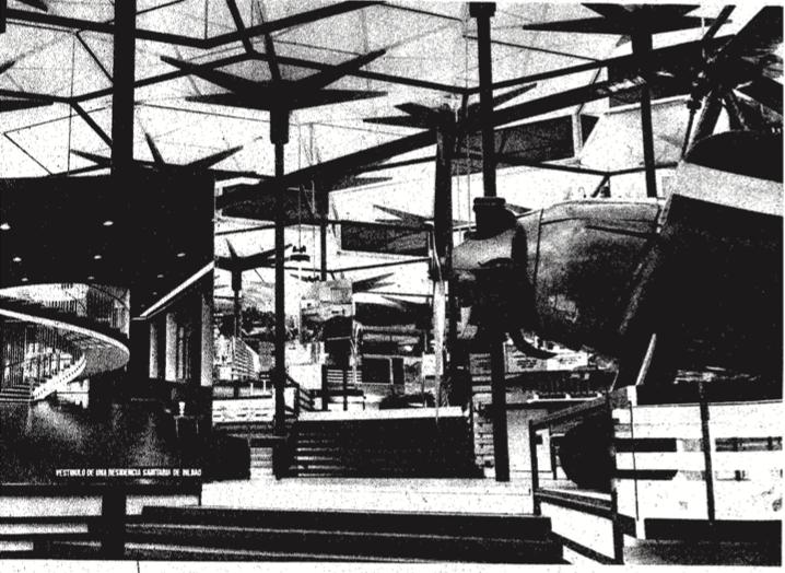 Interior of the Spanish pavilion at Expo 58 with columns resembling propellers of aircrafts.