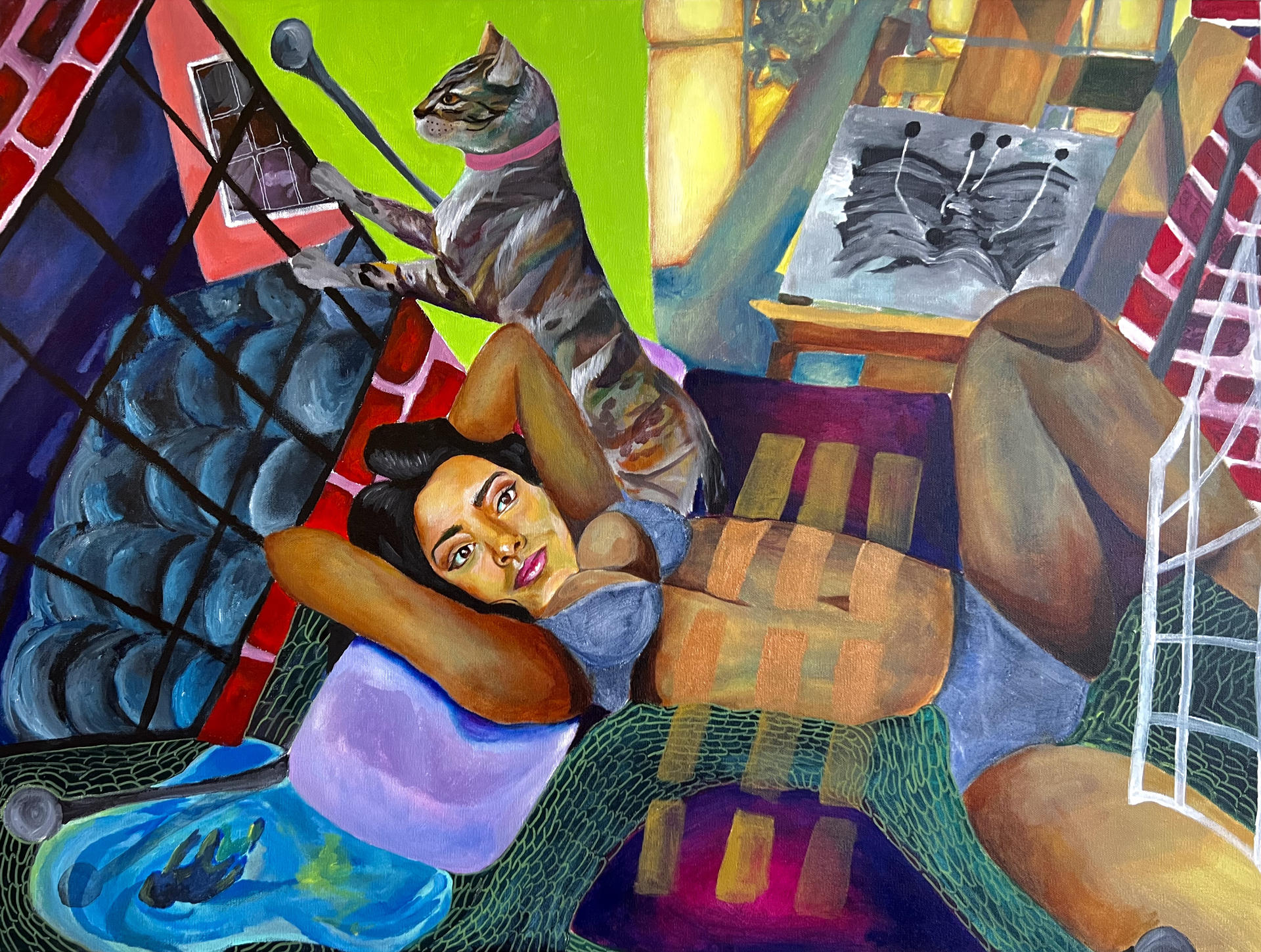 Acrylic painting of a woman and her cat on a bed, with ink drawing of projectiles emerging from hills in the background.