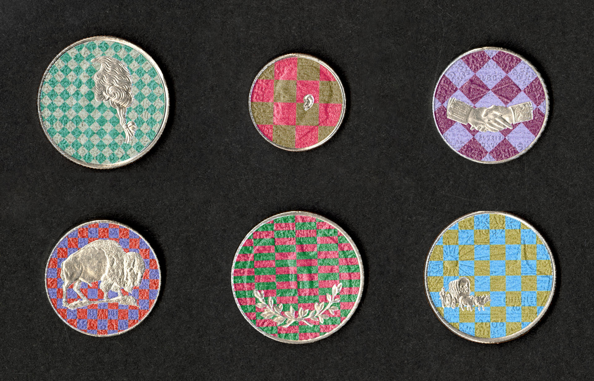 Coins that have checker patterns UV printed on them