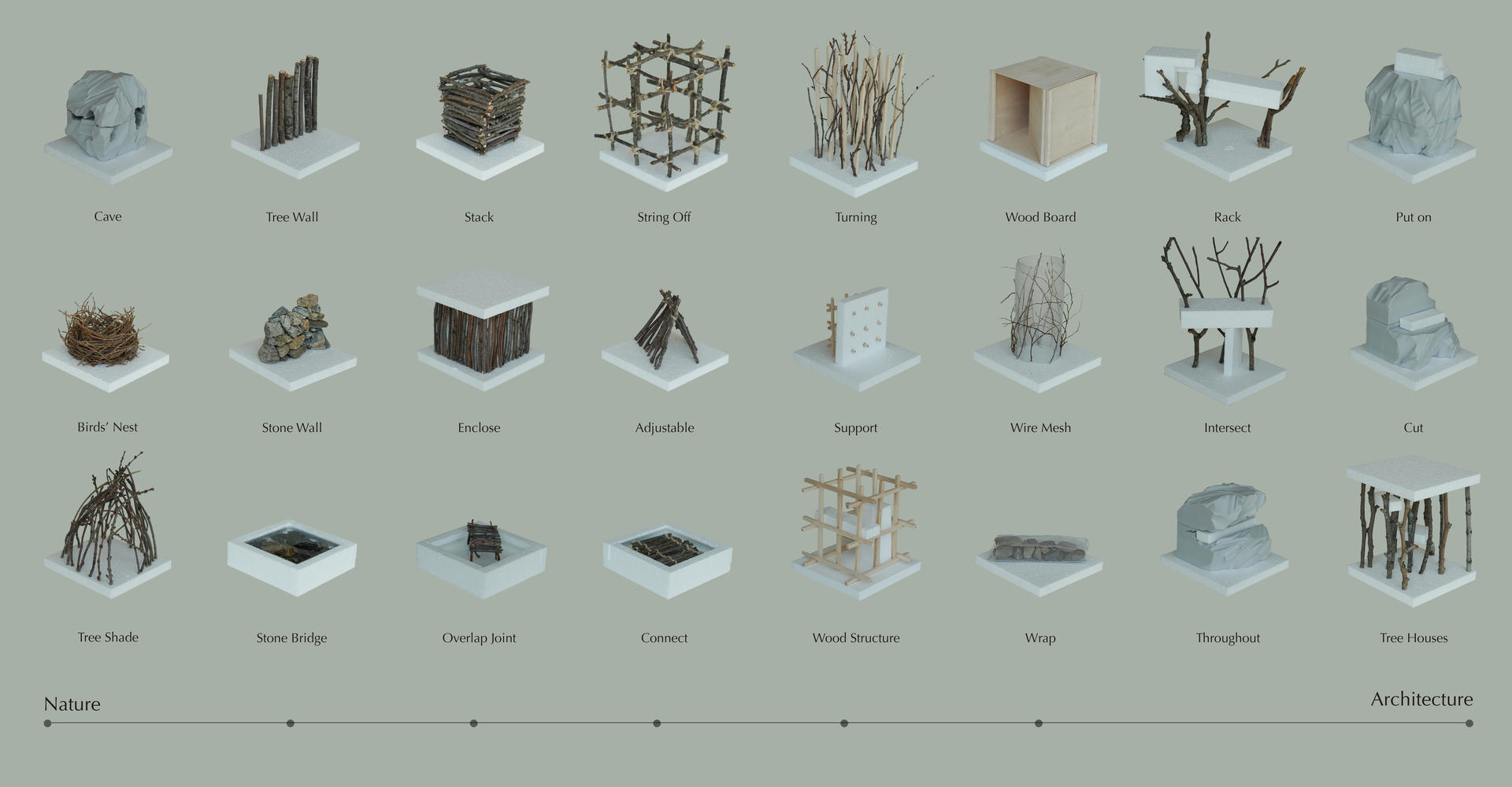 Conceptual models illustrate the transition between nature and architecture.