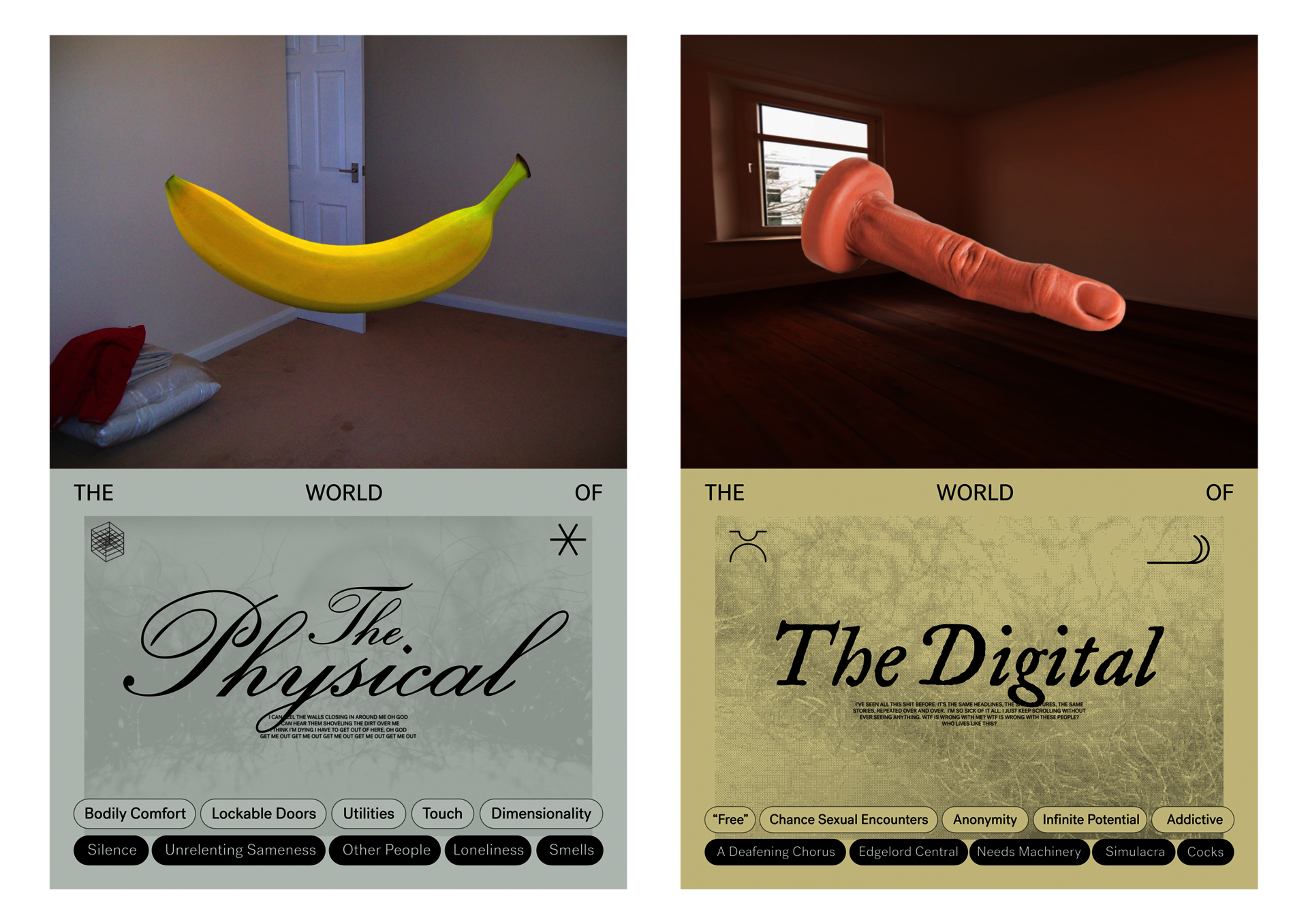 two posters that say "The Physical" and "The Digital", one with a banana, one with a finger