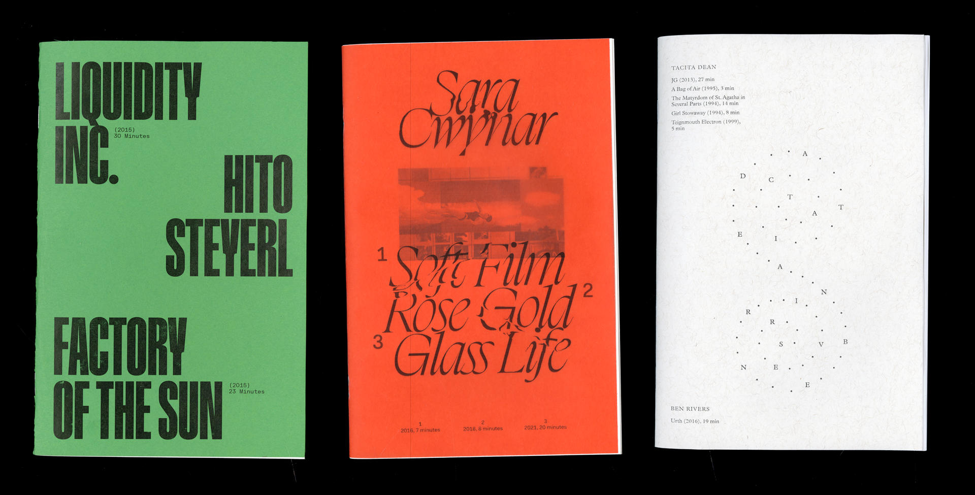 Three covers of half-letter-sized publications for three artists: Hito Steyerl, Sara Cwynar, and Tacita Dean