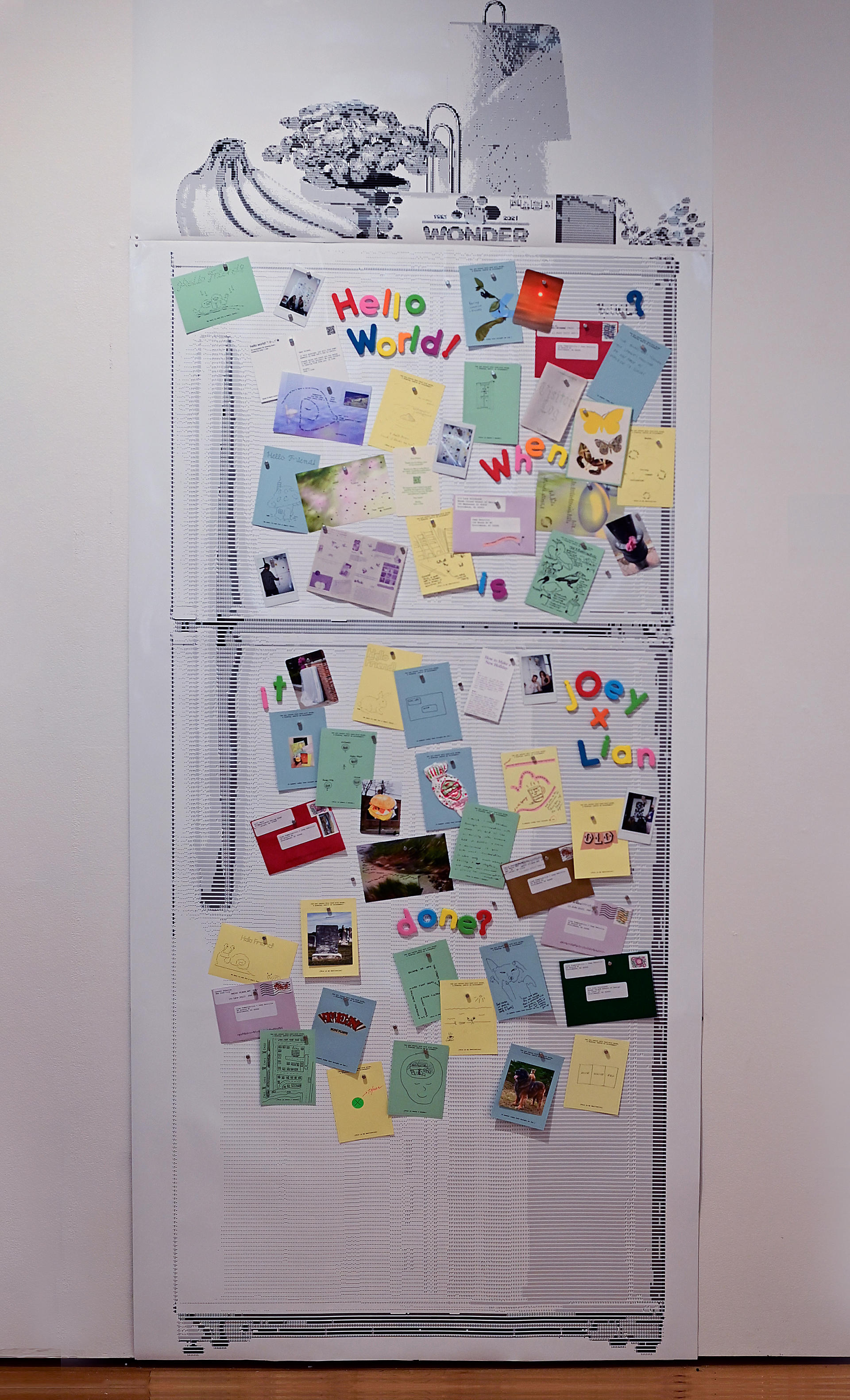 A print of a fridge made from ascii art covered in magnets and postcards with various doodles and notes