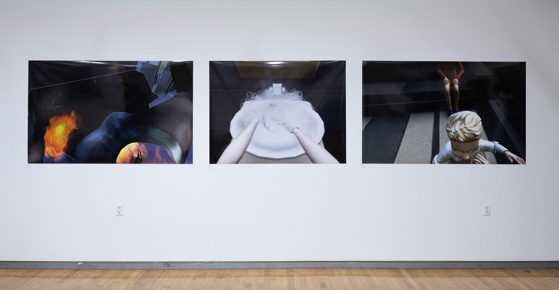 A series of large prints featuring life-sized digital avatars in a suburban environment from a first person perspective