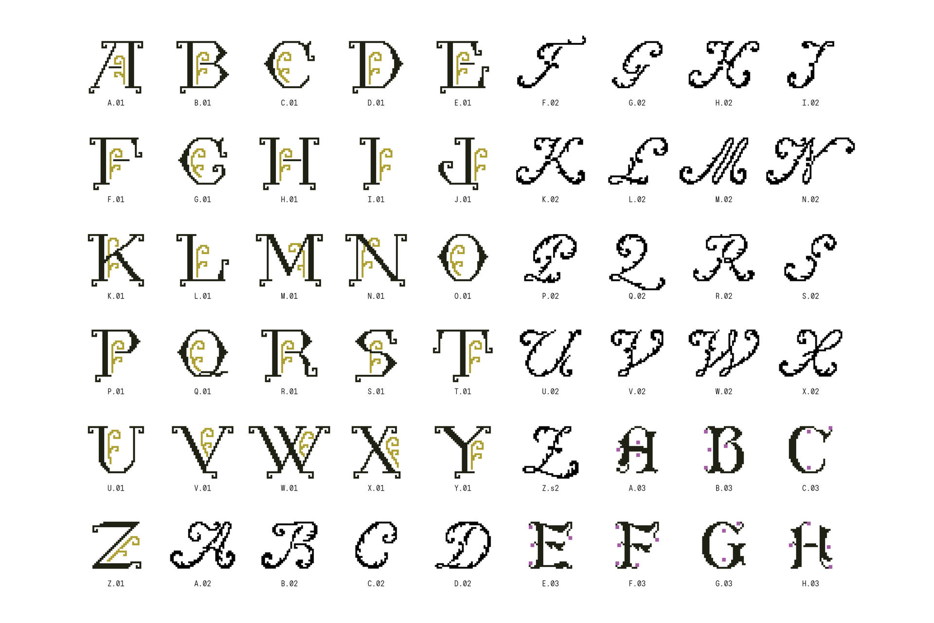 A grid of capital letters made from pixels in different styles.