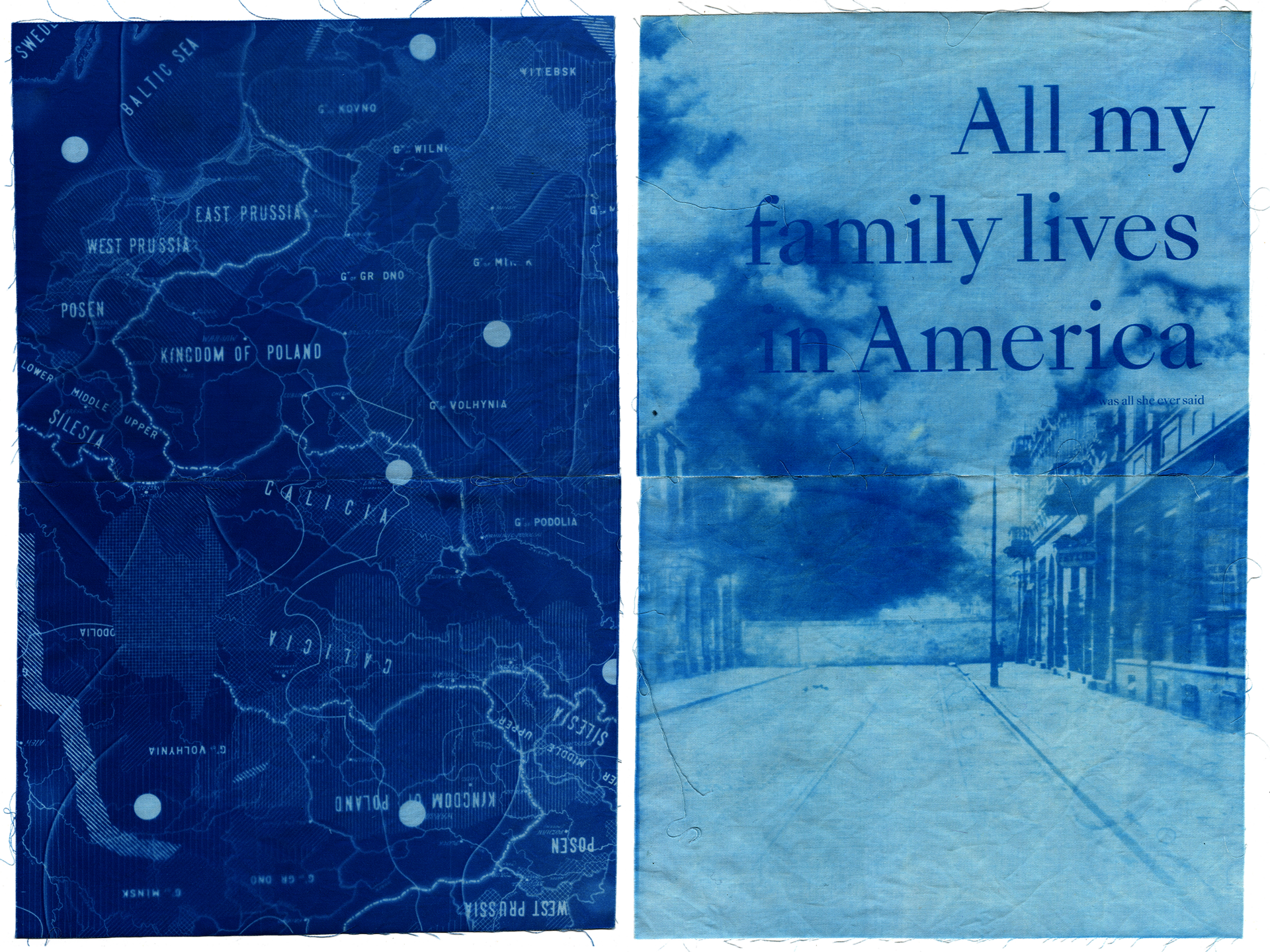 two cyanotype printed cotton pannels, one depicting a map of Poland and the other the Warsaw ghetto