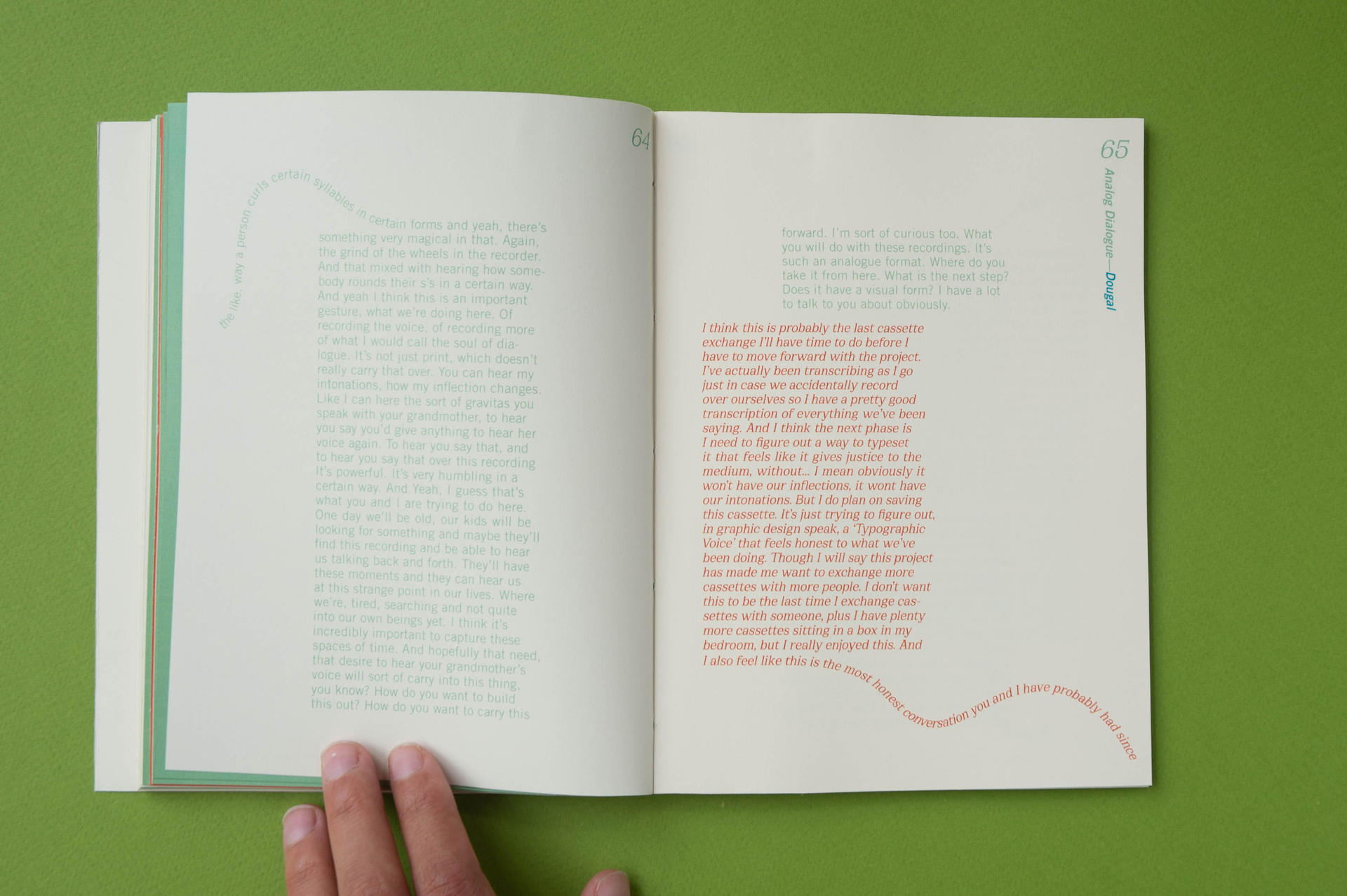 book spread of typeset interview