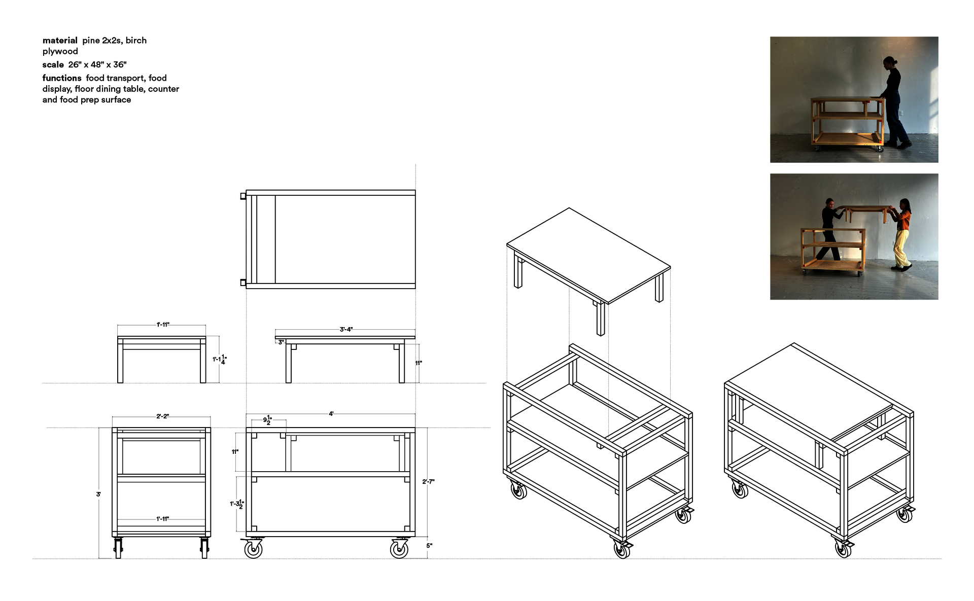 orthographic drawings and an exploded axon of the food cart