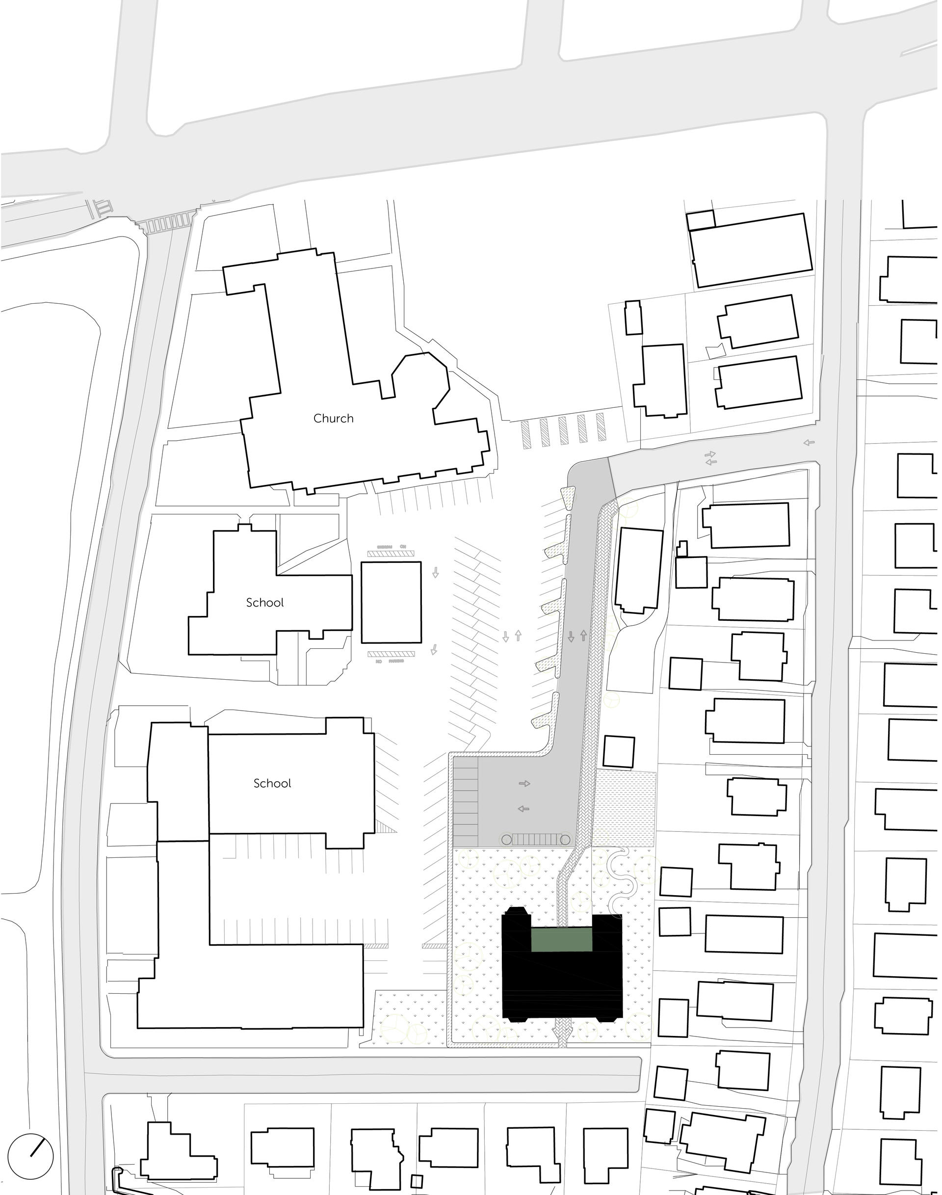 The Host structure is a decommissioned Convent building located within a complex of a Church and a School in a dignified neighborhood of single family residential homes. The vehicular and pedestrian access is redirected to the proposed front of the building. Vegetation is strategically placed as soft boundaries between other buildings in the complex.