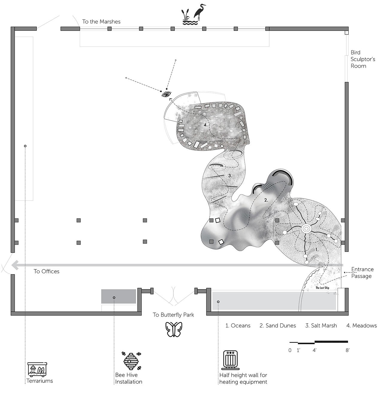 While the room is already displaying varoius set-ups, it was most appropriate to design the installation at the entrance, leading up to the marsh view.