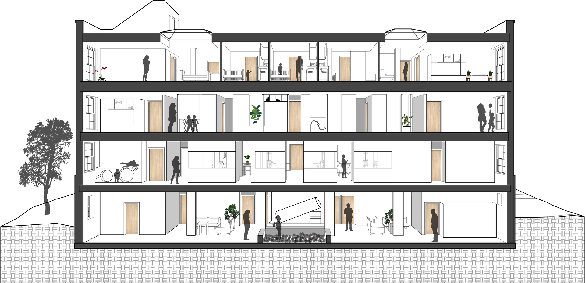 Section through access points on all floors highlighting the interactive quality of the In-habitable walls 