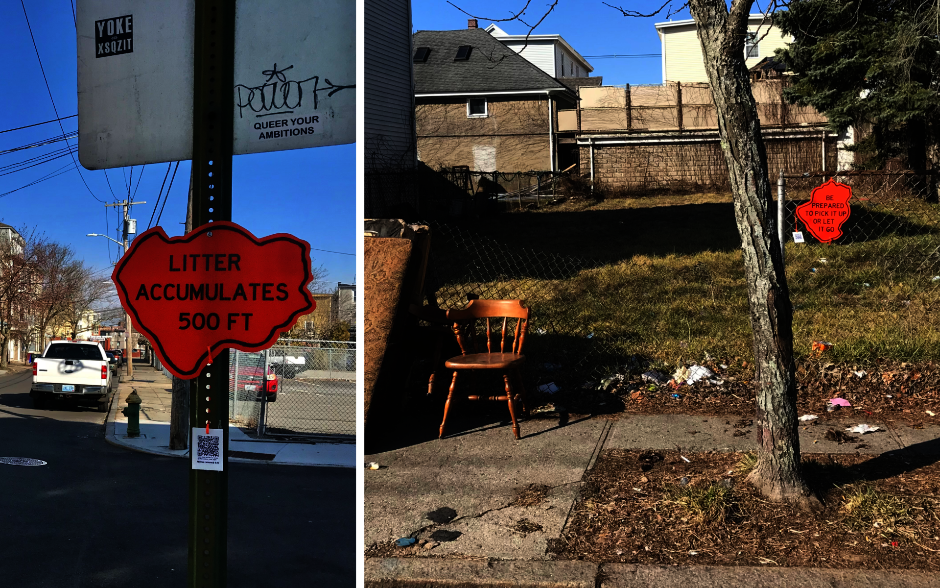 An image collage of two organically-shaped orange signs on a neighborhood street; one reads “Litter accumulates 500 FT,” and the other says, “Be prepared to pick it up or let it go.”