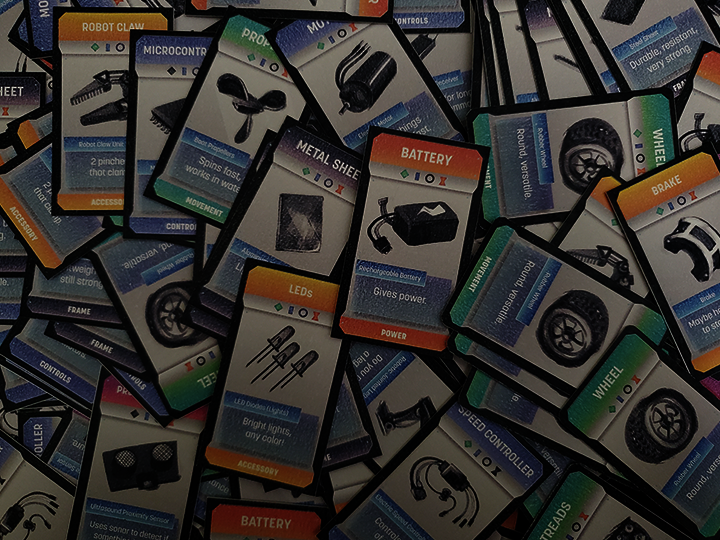 An overhead photo of the Mechanaire cards, strewn about in disarray.