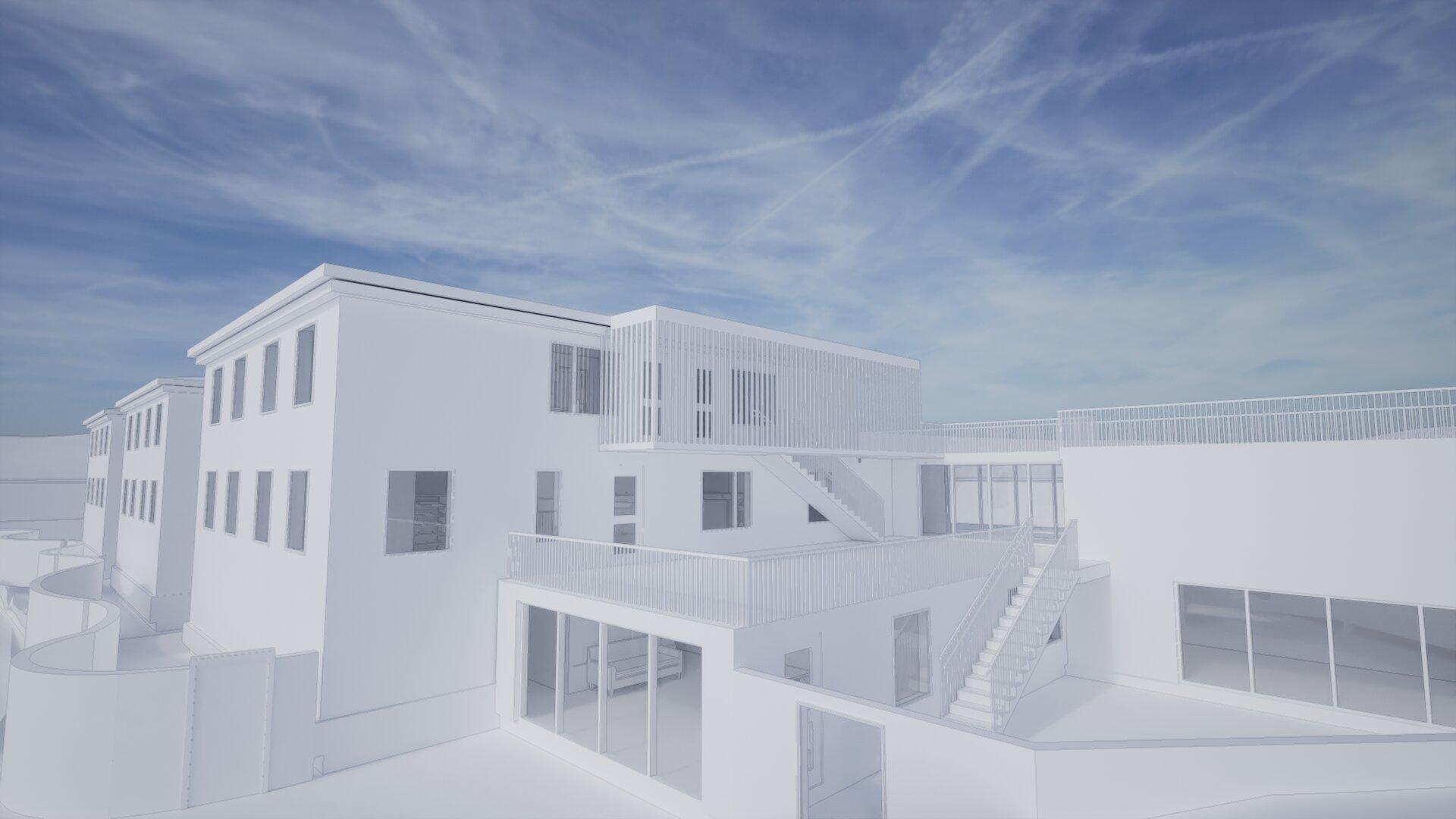 Exterior perspective highlighting the addition to the existing host structure.