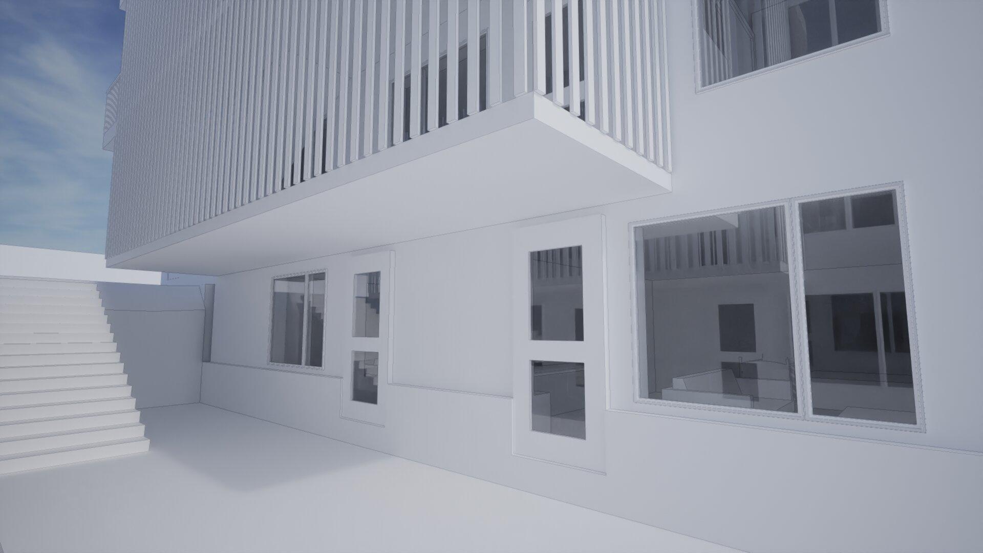 Exterior perspective displaying the transition between the courtyard to the outdoor greenspace.