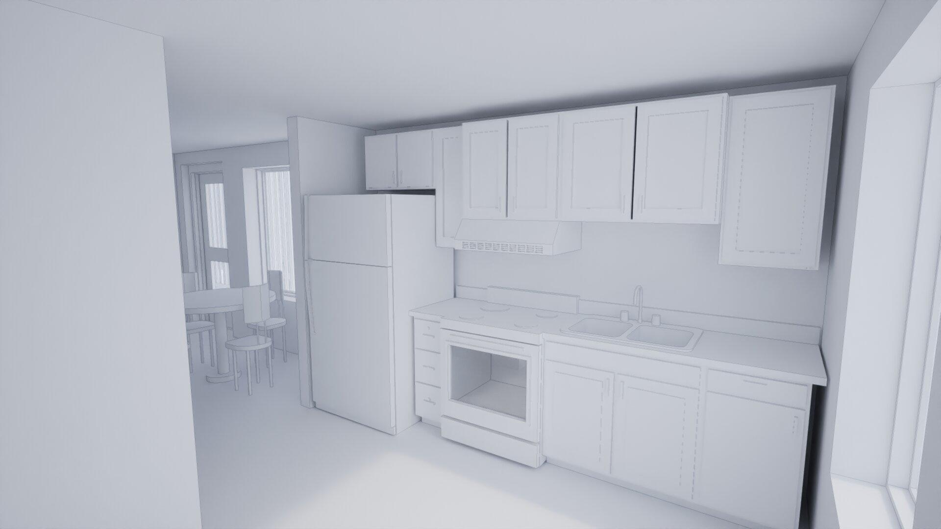 Interior perspective highlighting the integration of the small kitchen within a compact dwelling unit. 