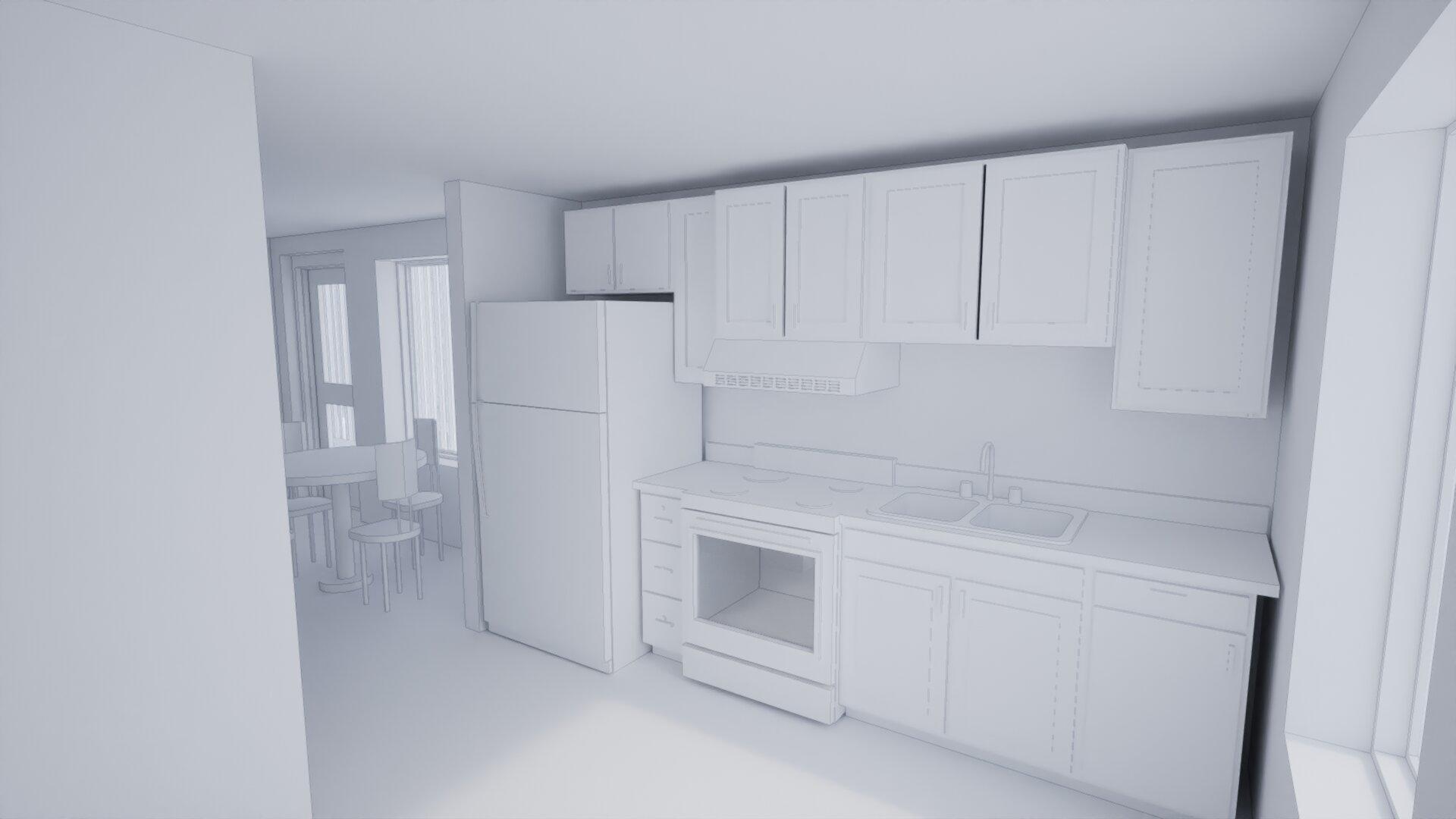 Interior perspective highlighting the integration of the small kitchen within a compact dwelling unit.