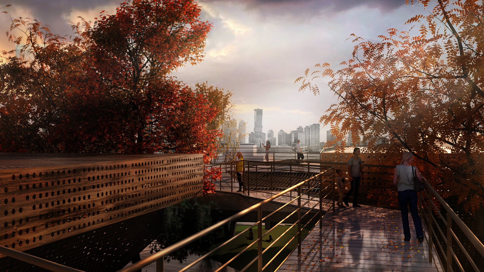 The flyover ascends eleven feet above the original structure, guiding visitors through canopies with autumn trees. Along this elevated path, the visitors will discover a viewing spur that offers a breathtaking panorama of the Jersey City skyline along the Hudson River.