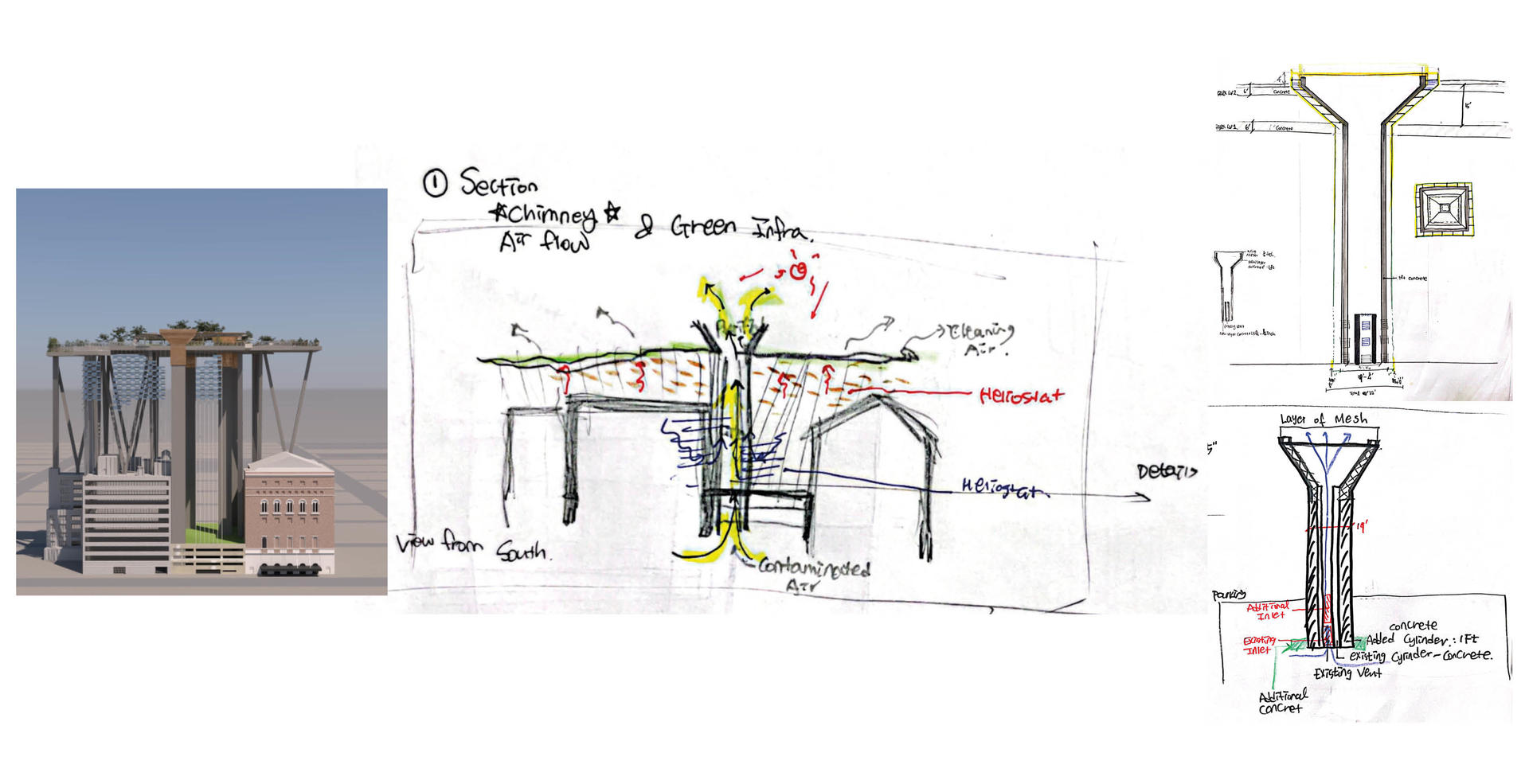 The vertically extruded and strengthened chimneys can mitigate the urban heat island effect in Manhattan. The chimneys will draw in contaminated air, filter it, and release cleaned air back into the surroundings. This process aims to combat the adverse effects of urban heat, ensuring a healthier and more sustainable environment for the city.