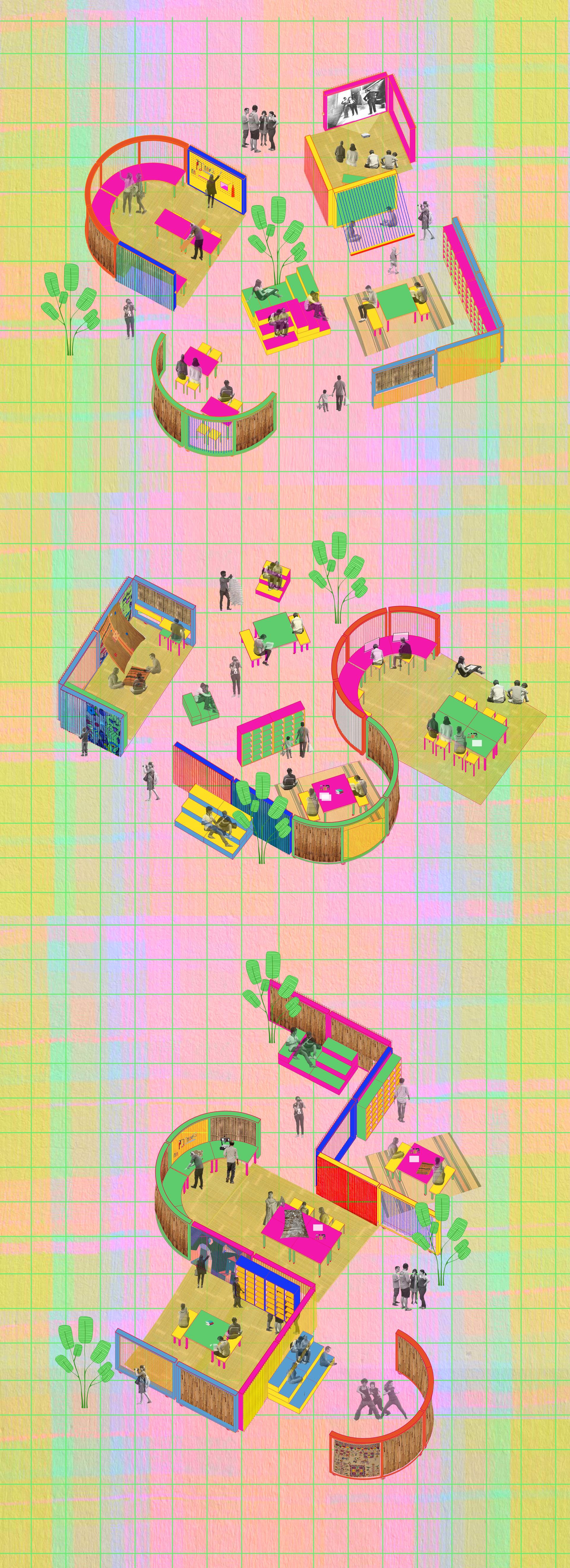 Axonometric drawing showing the different spaces that can be created with the kit of parts.