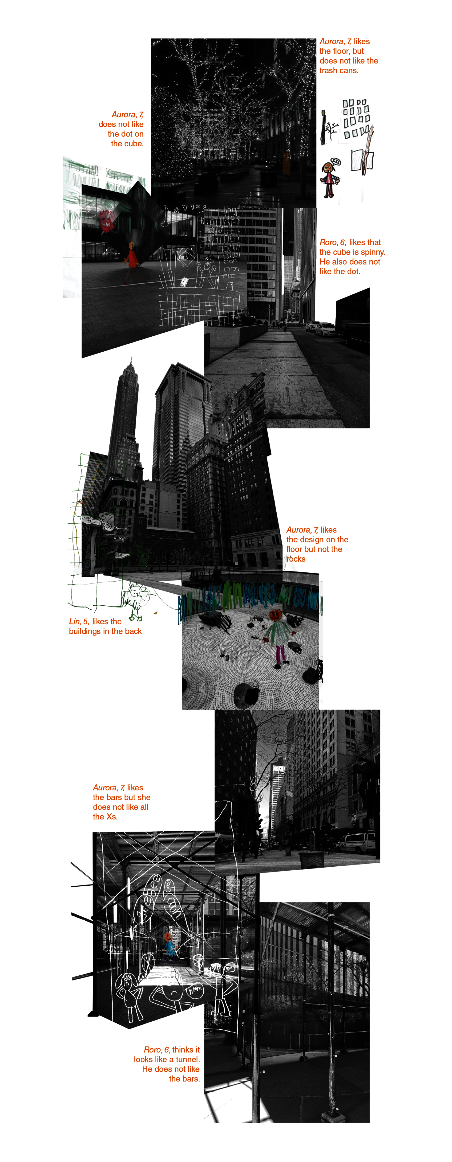 A collage stringing together images of the four chosen sites in New York City with an overlay of drawings of children