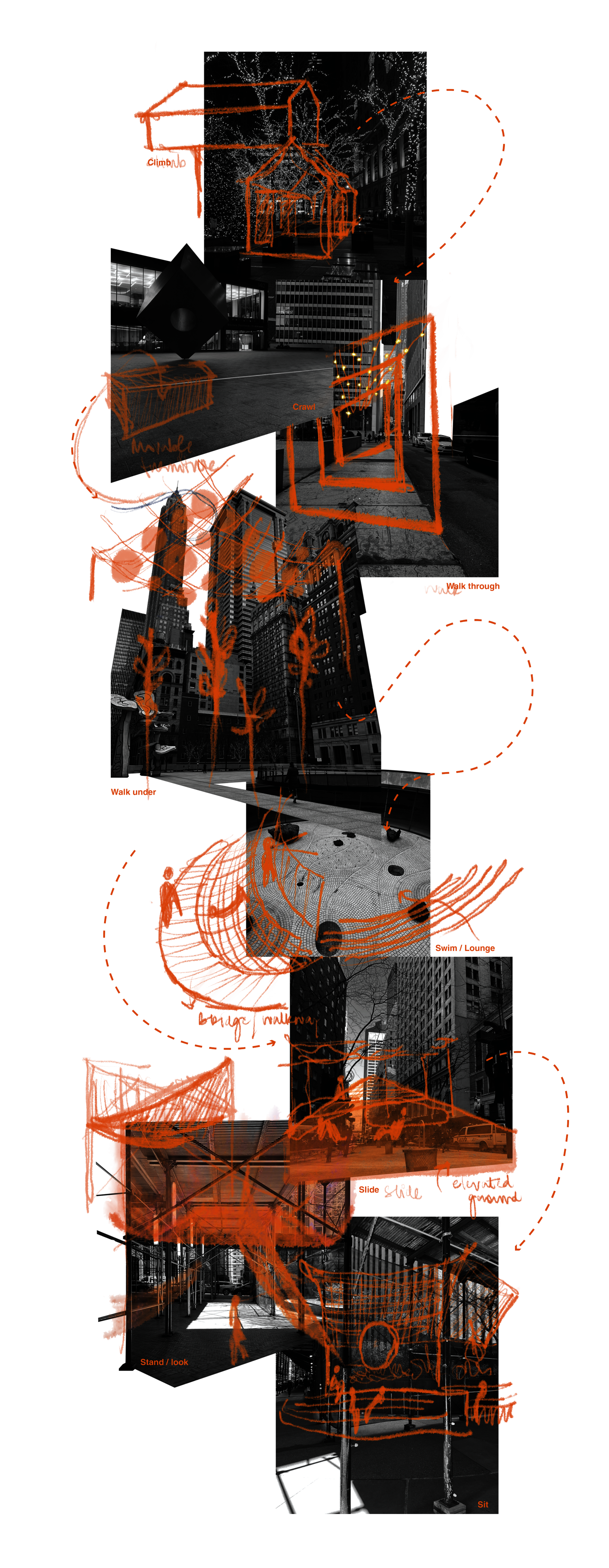 A collage stringing together images of the four chosen sites in New York City with an overlay of conceptual sketches of probable interventions, creating a network of play throughout the site cluster