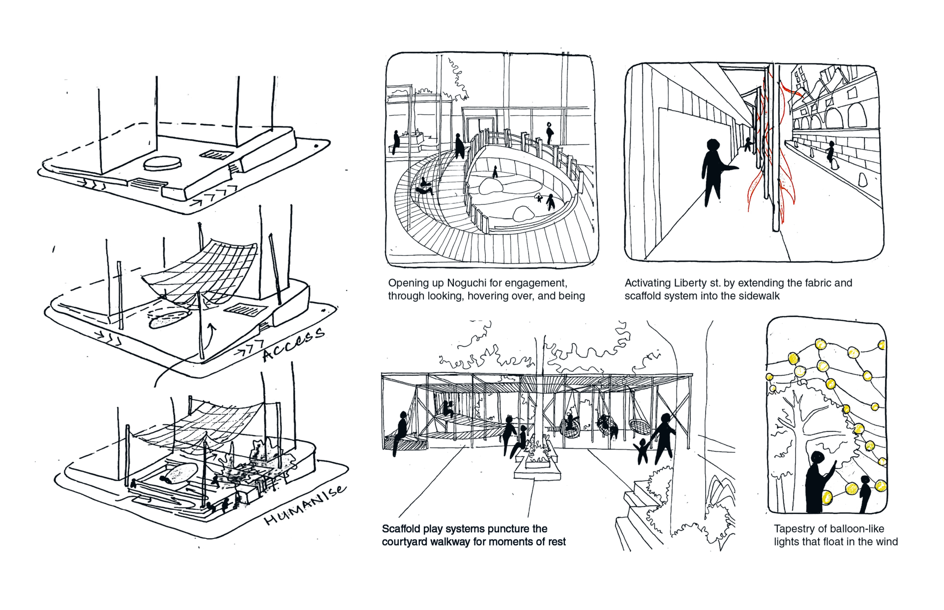 Conceptual hand-drawn sketches illustrating breaking down the elevated plaza into a sloped walkway to evoke a sense of walking through an urban oasis, punctured at several levels through playful scaffold structures that engage the users and allow access into the Noguchi Garden