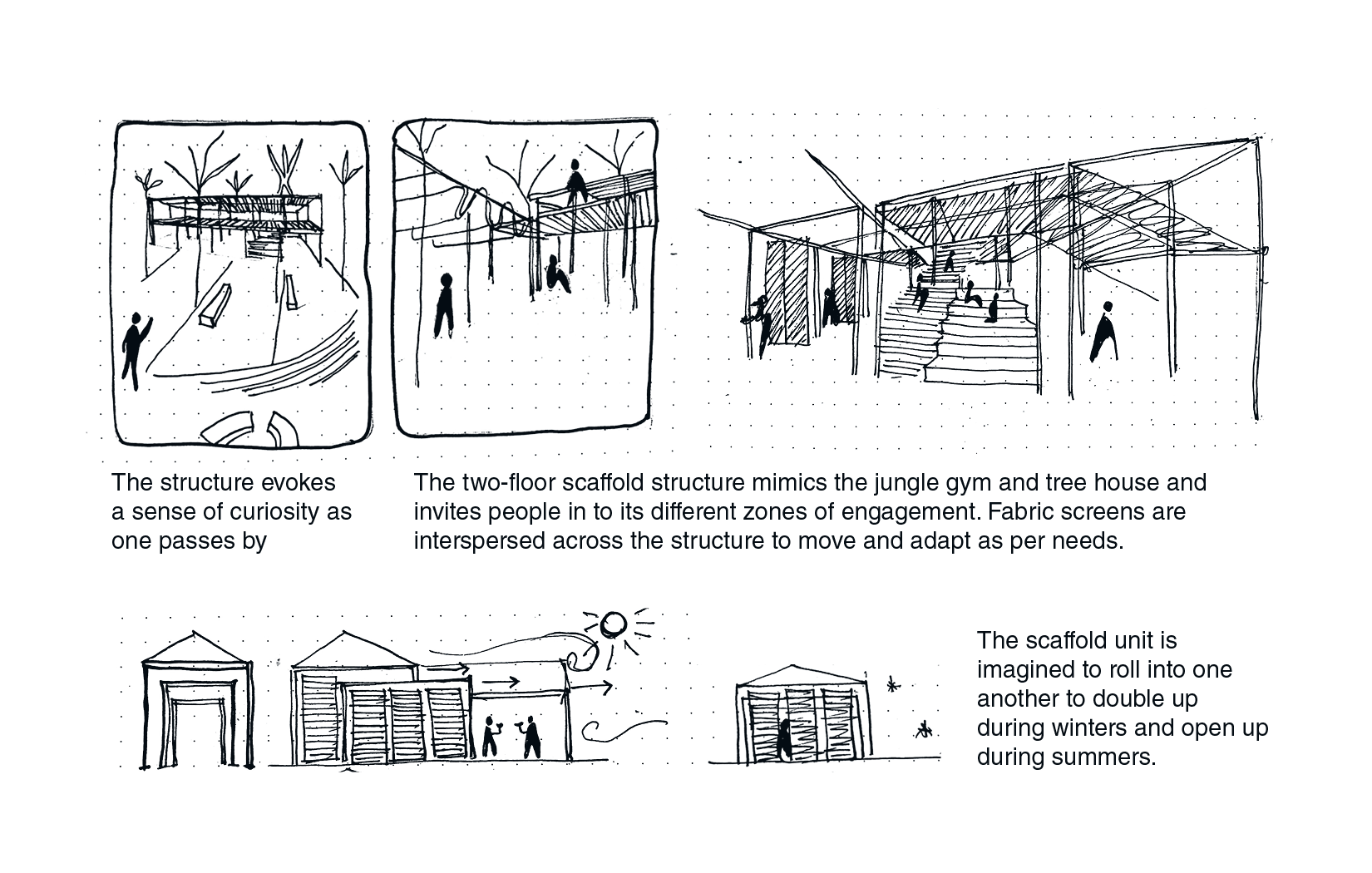Conceptual hand-drawn sketches illustrating a tree-house scaffold structure in Zuccotti Park that engages the passer-by in activities and memories reminiscent of childhood