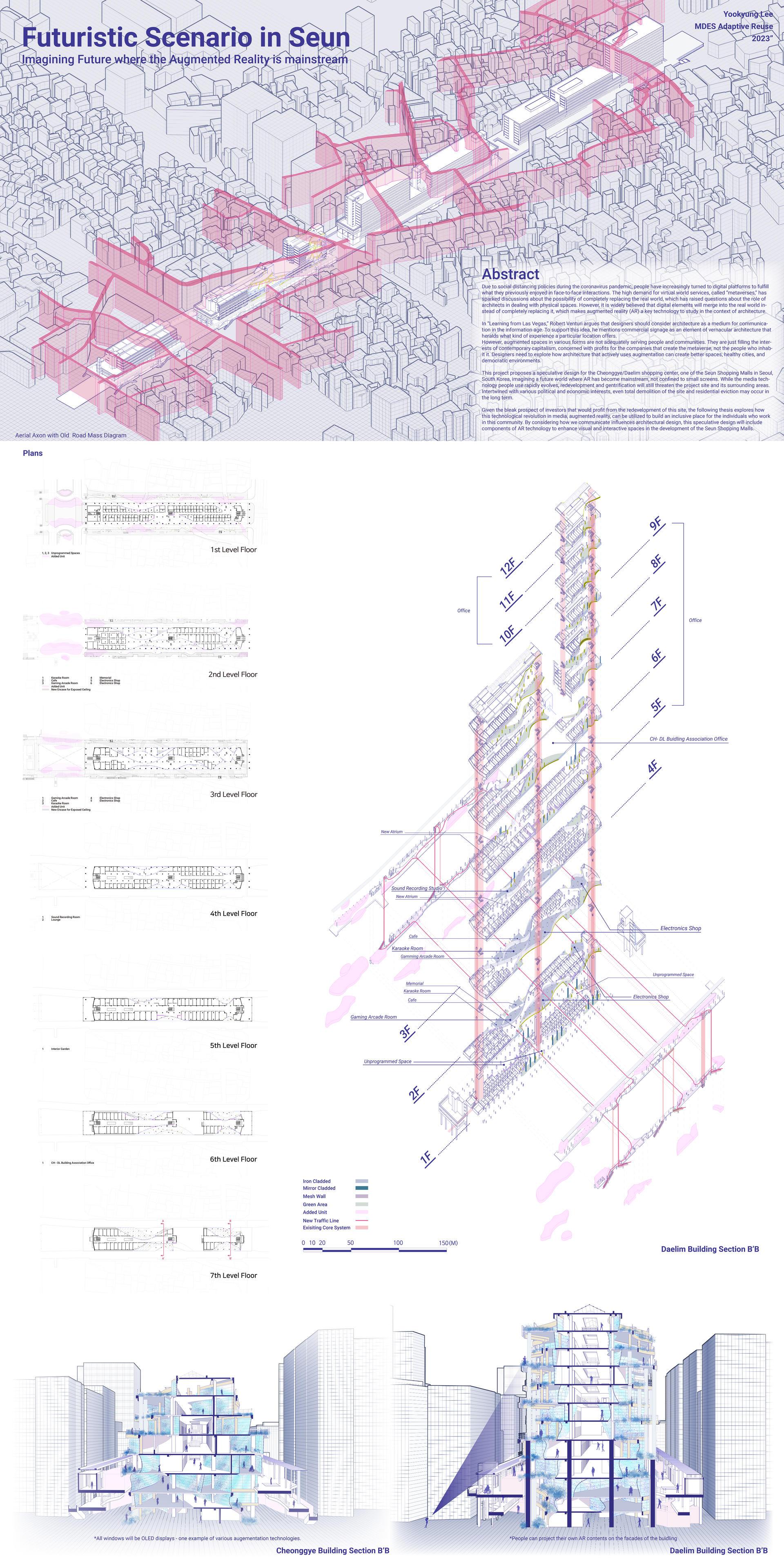 36" x 72" size panel for Grad Exhibition, including plans/ Sections / Exploded Axon / Aerial Axon