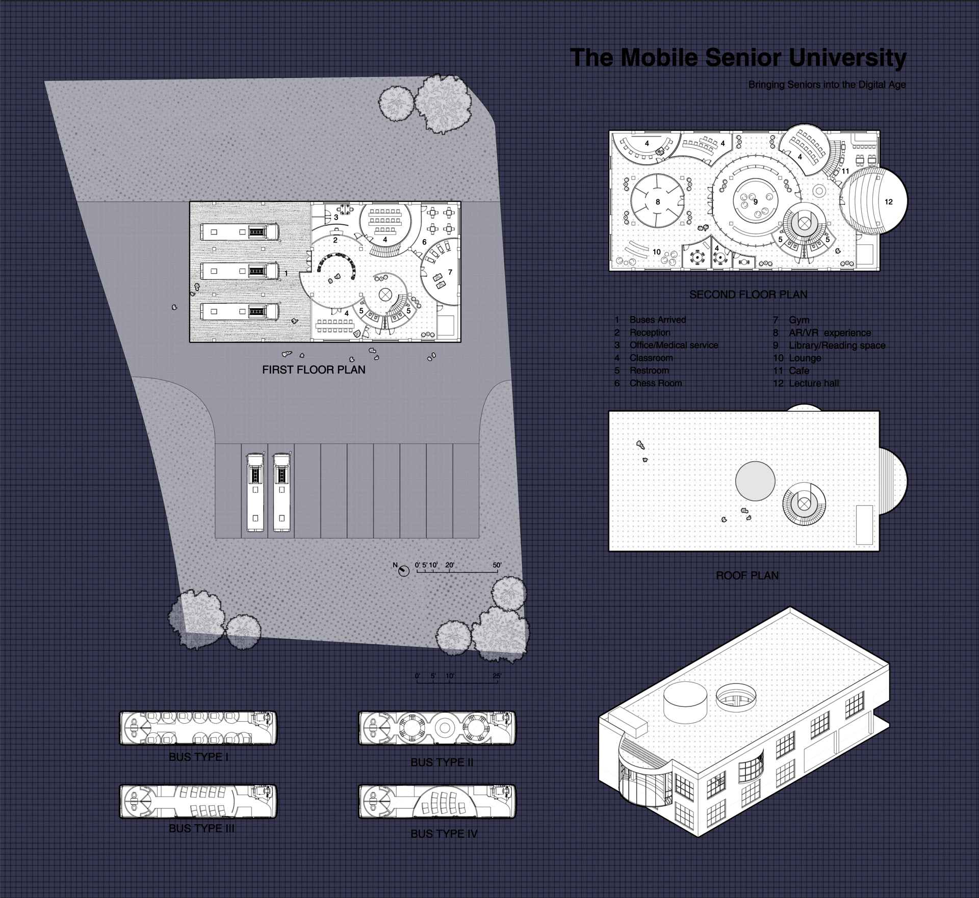 Plans and axonometric drawings.