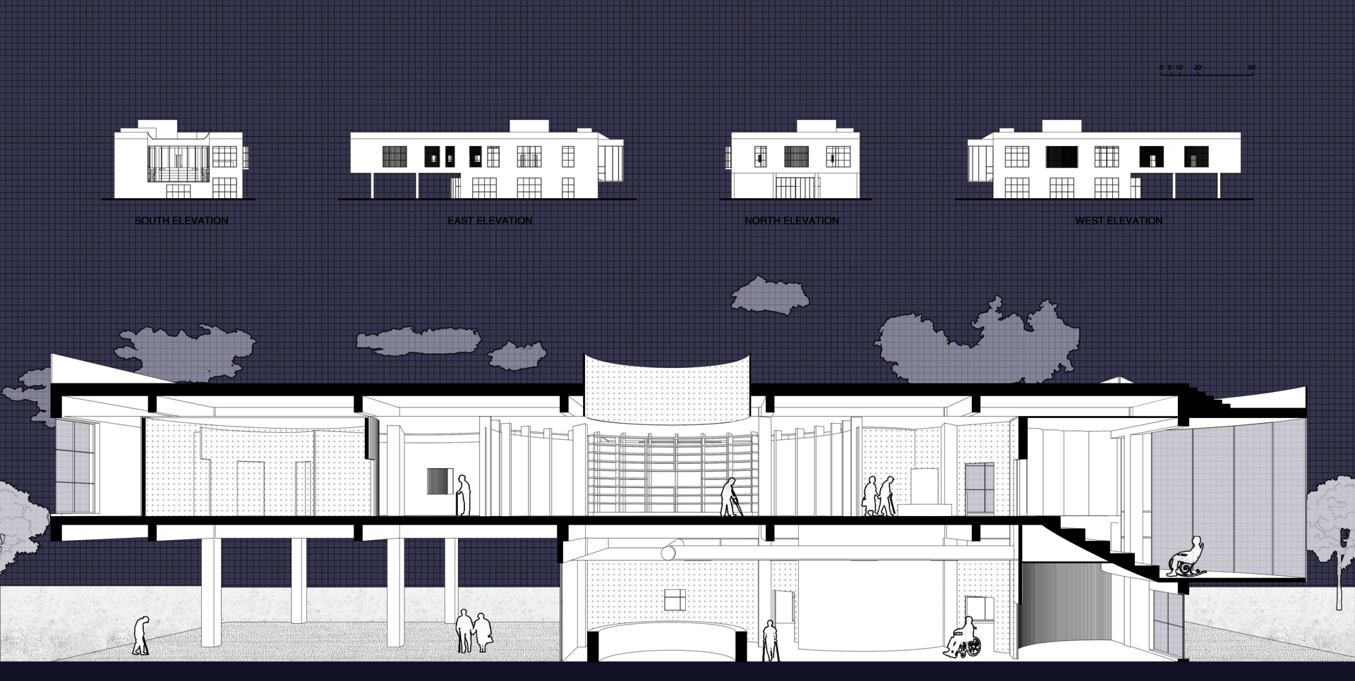 Section and elevations.