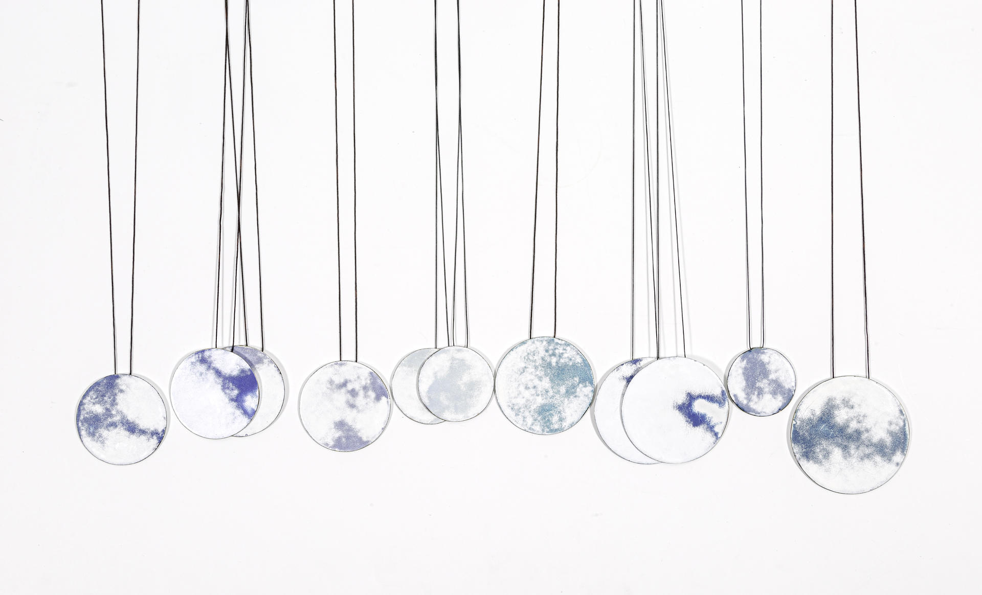 Title: Existence(front); Size: 4*4*1 cm to 10*10*1cm, 8 in total; Material: copper, silver, enamel, string, decal paper