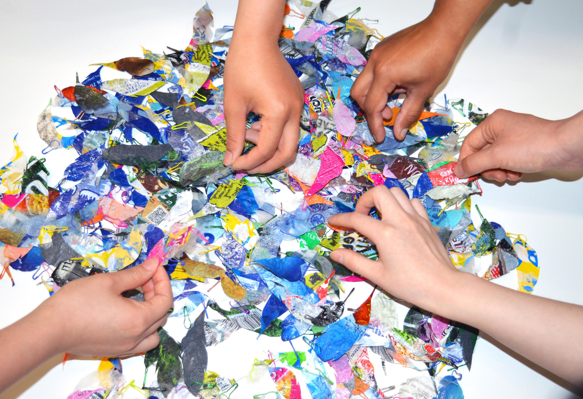 Five people are picking the feathers