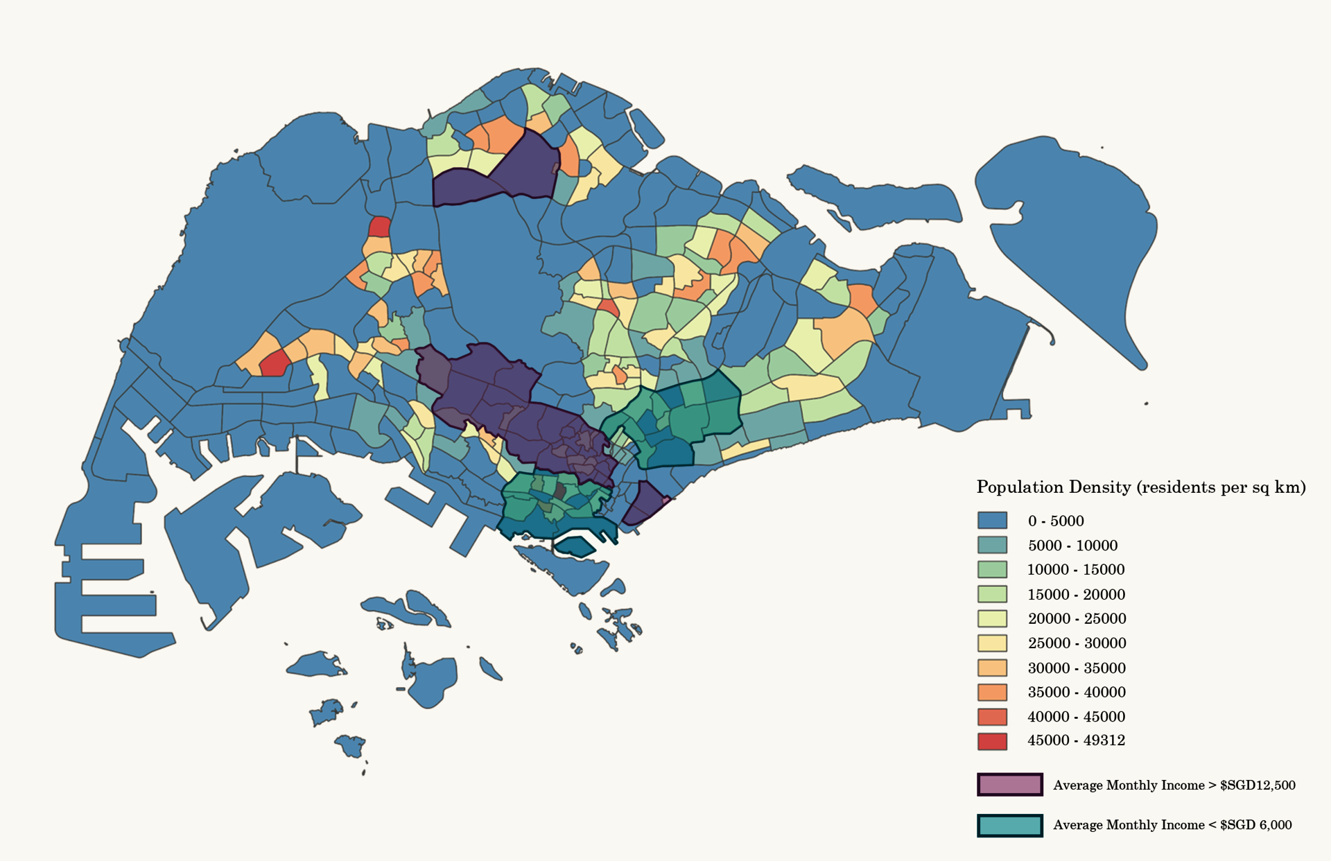A population density map lies at the bottom and shows where Singapore has the most and least dense residents. An average monthly income highlight is overlapped on the map that shows what areas people make the most and least money in.