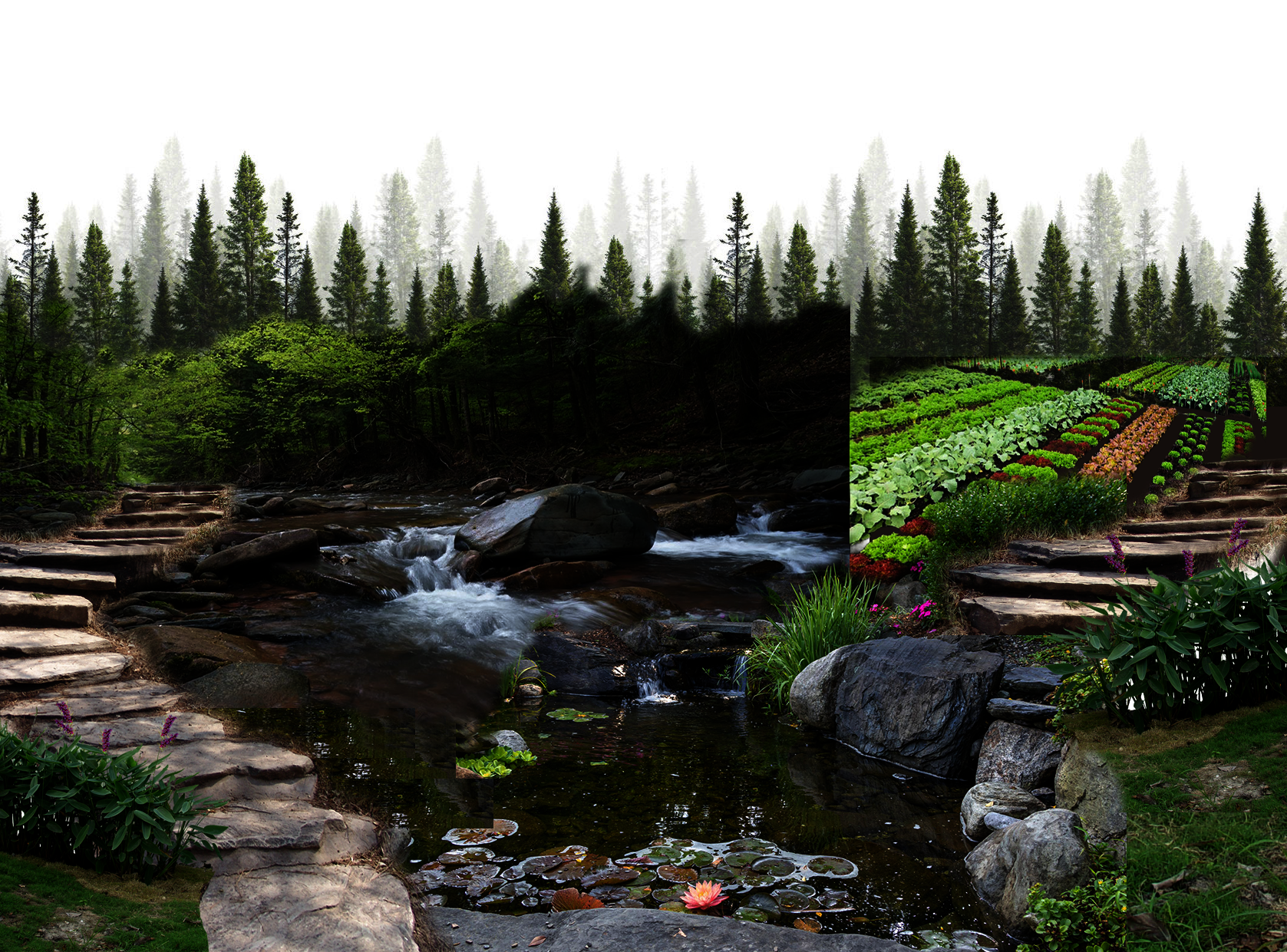 A forest at the back, two mountain trails on both sides of the image, with a water pond in the middle. The trail on the right side leads to farmland. 