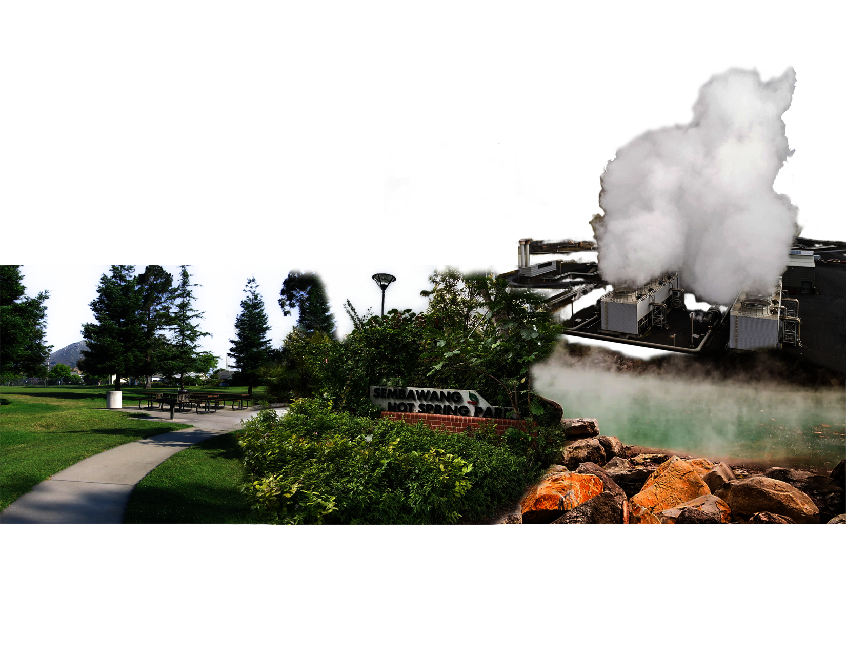 A park entrance image with the sign “Sembawang Hot Spring Park” and a natural open hot spring on the right side. A top view of industrial land with huge white smoke is behind the hot spring.