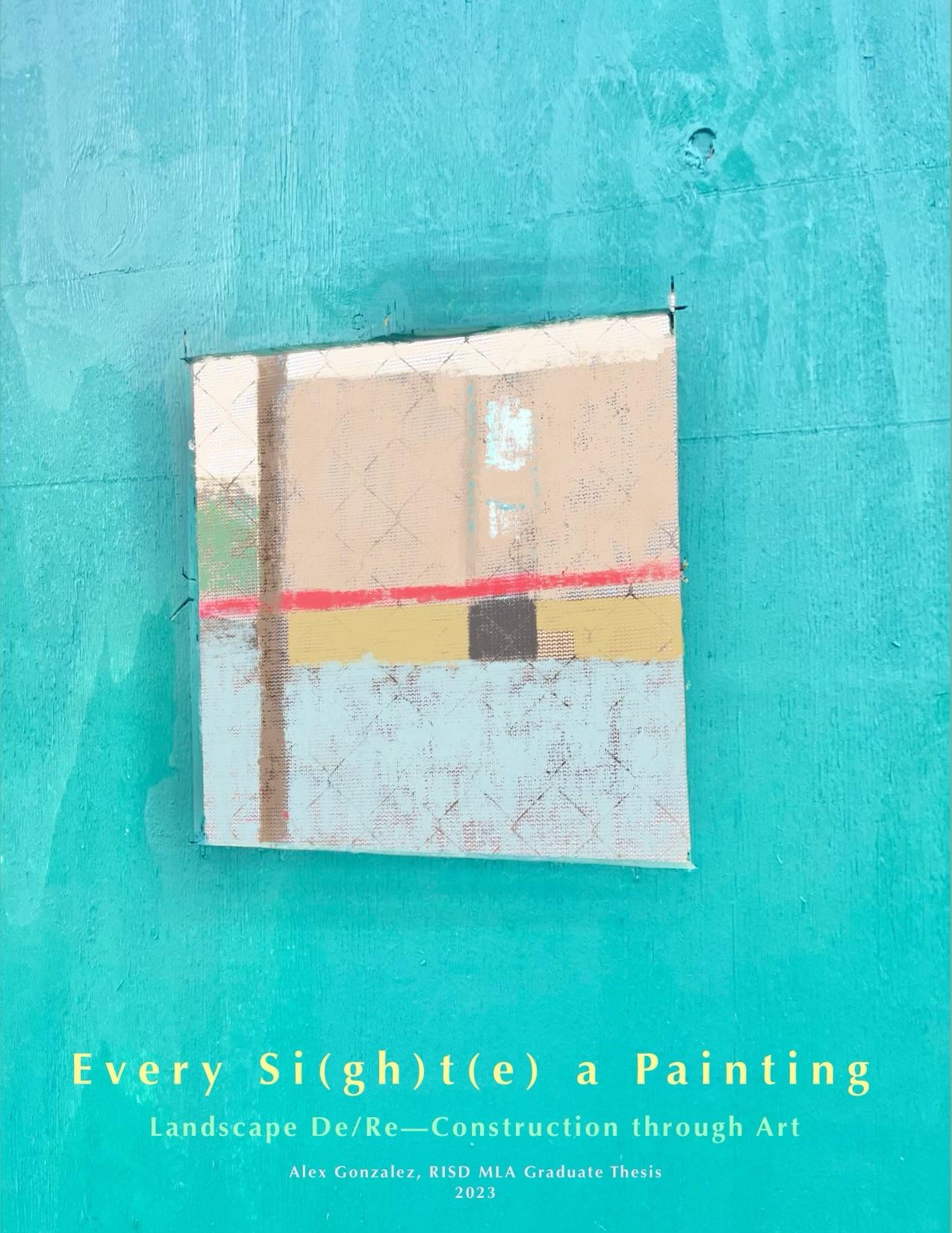 A photograph of sheet of plywood painted blue with a square hole framing a well composed view of the space–painted over digitally to look like a hung canvas.