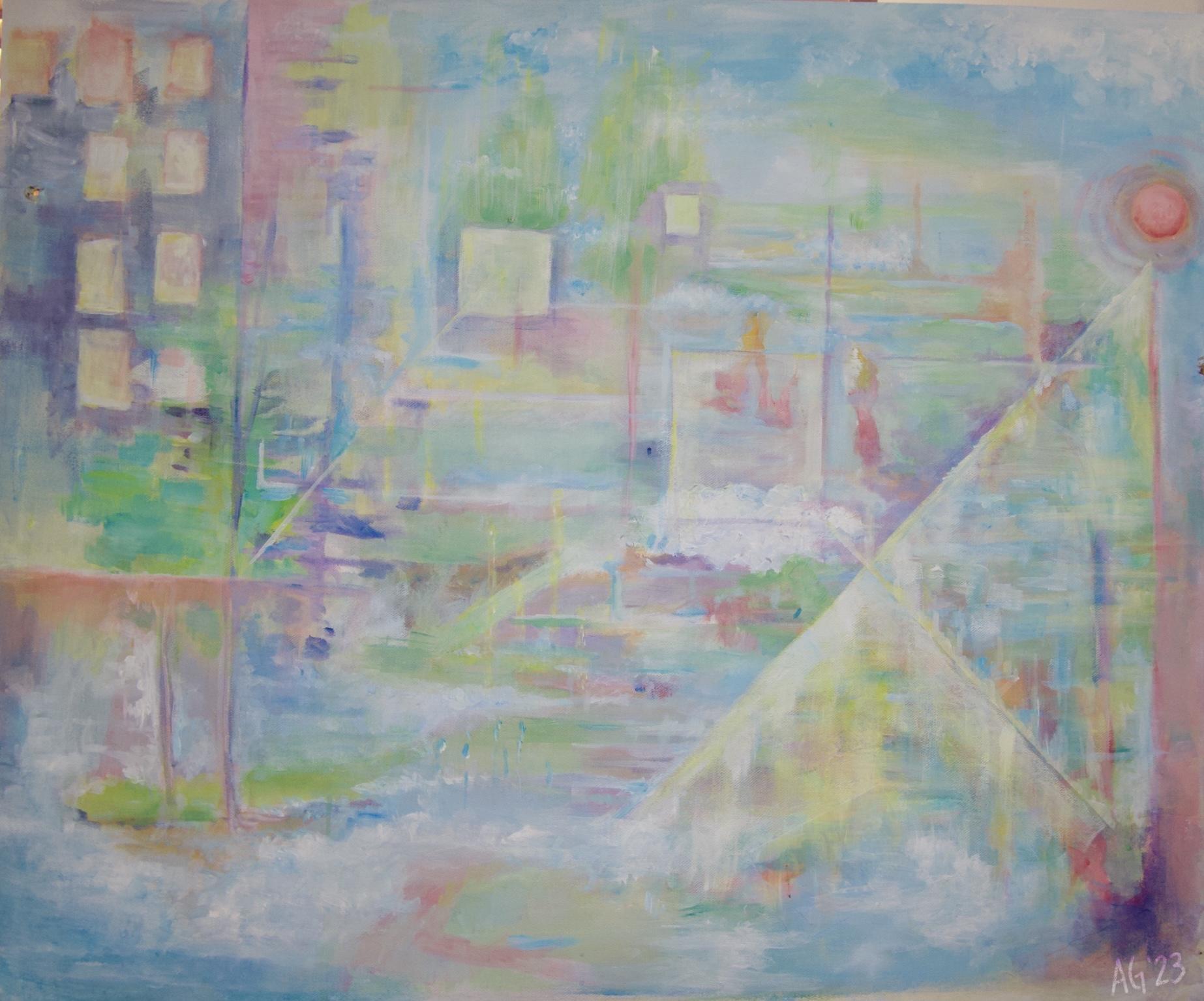 A large scale abstract landscape painting that hints at trees, water, skies, and the relationship between "nature" and the built environment.