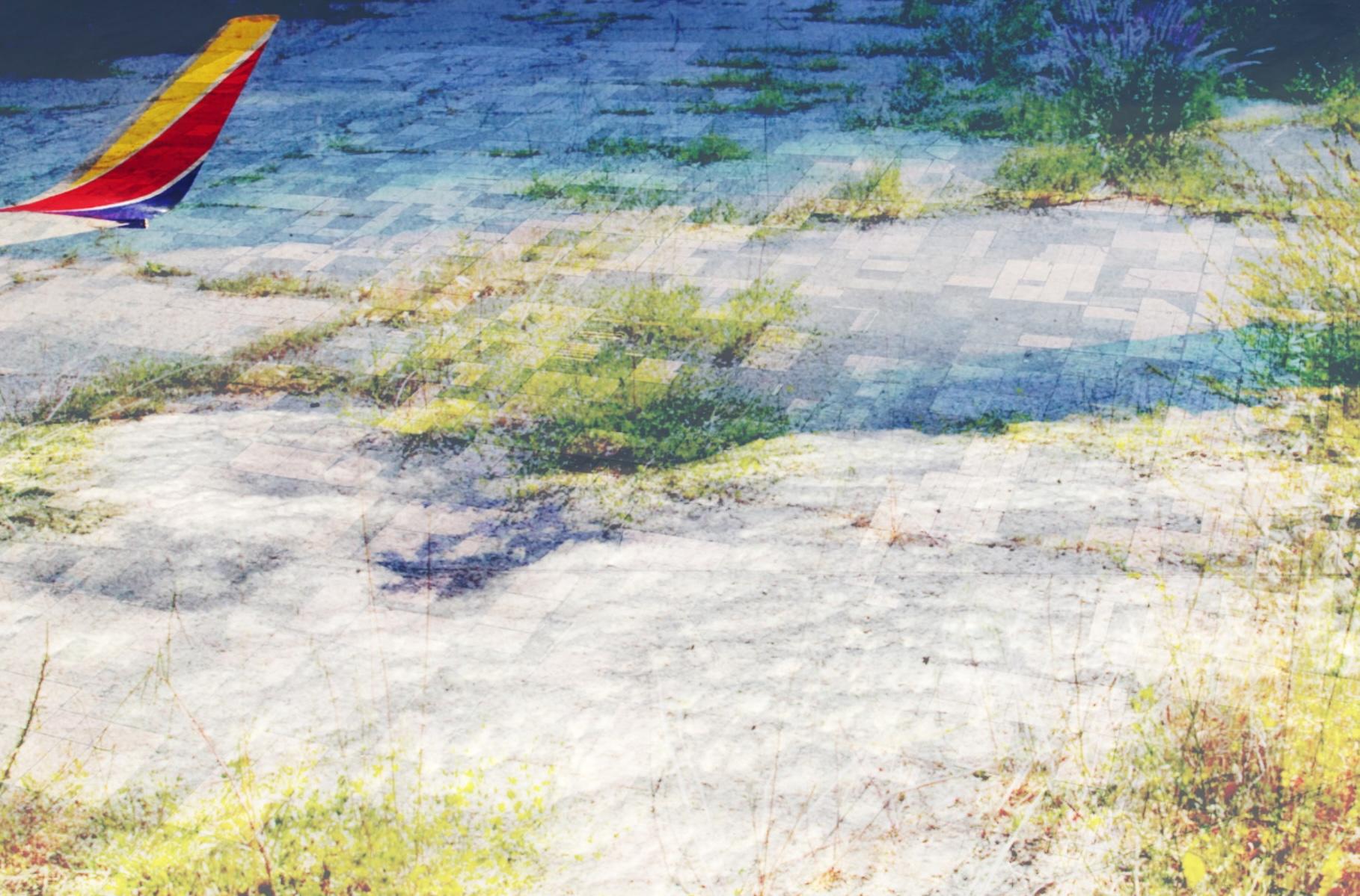 A collage of 3 landscape photographs at different scales (2 out of an airplane)superimposed with one another to create one ambiguous view full of clouds and grass.