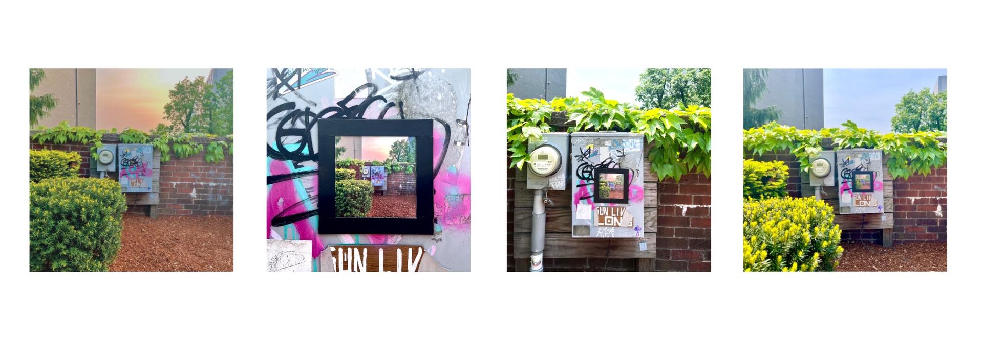 A series of 4 images of a utility box, a photograph of the site has been printed, framed, and hung on the site.