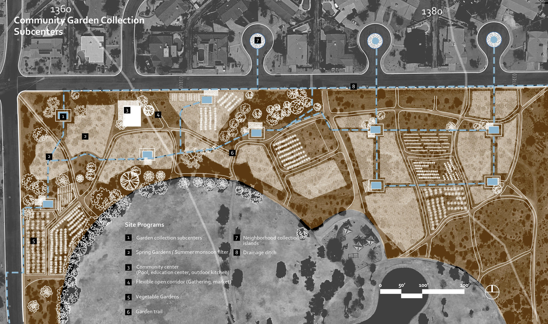 Zoom-in plan view of the whole community garden and community center layout