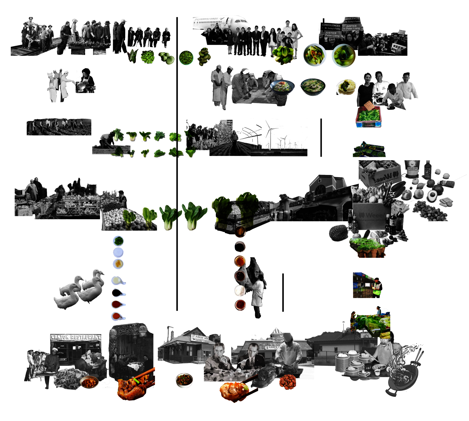 Describe the different phases of Chinese Diasporas, chefs, farms, markets, processing, and restaurants in the United States and how vegetables tie the whole system together.