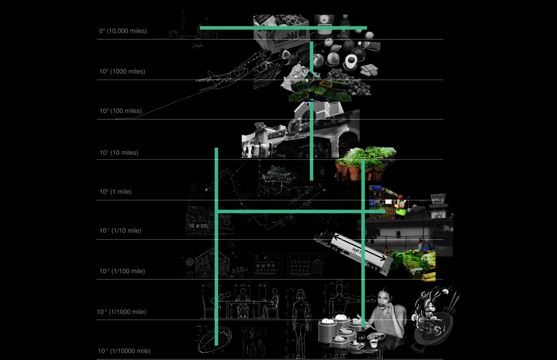 Analyzing that our cognition of food is limited by the mode of transportation on different spatial scales, the Chinese Market has become the core site.