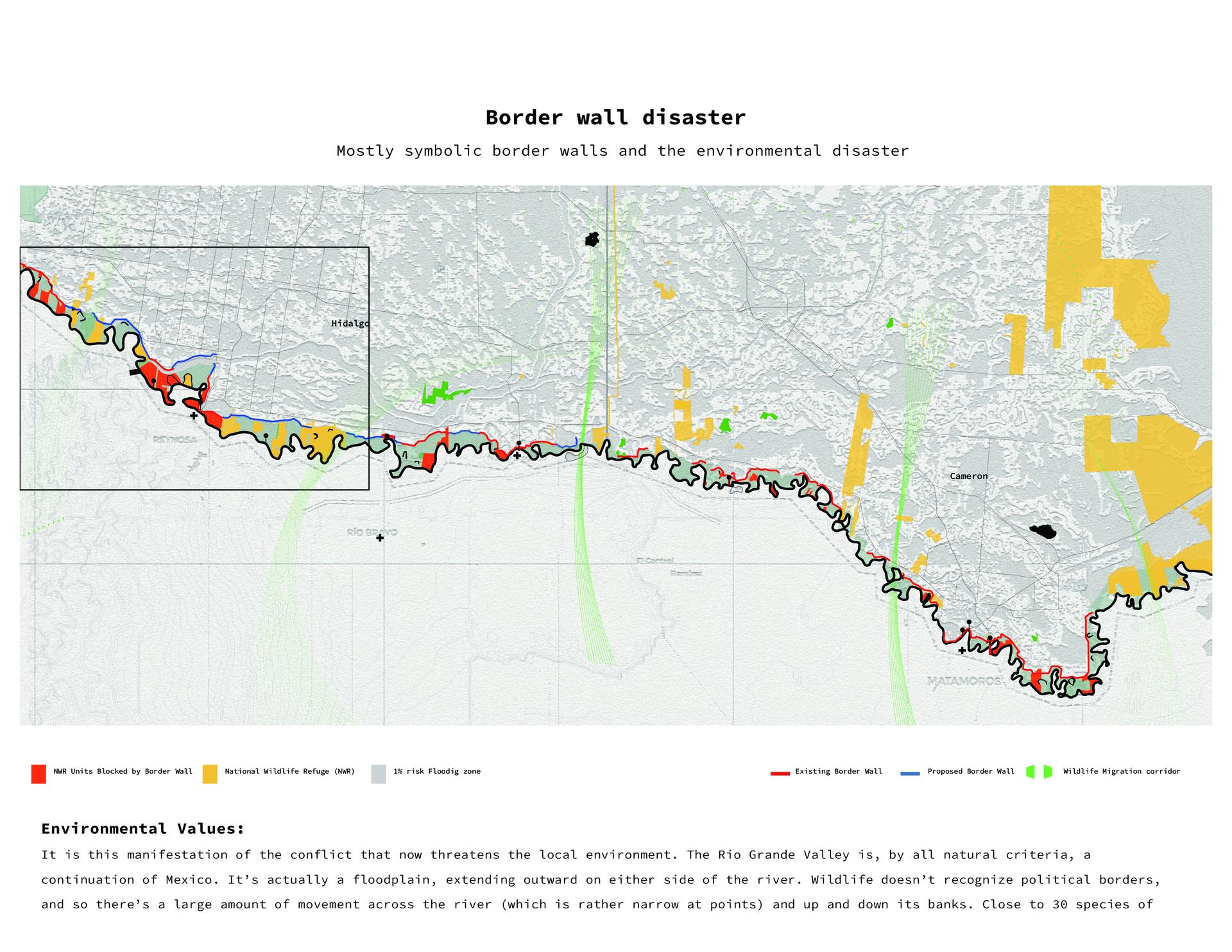 It is this manifestation of the conflict that now threatens the local environment. The Rio Grande Valley is, by all natural criteria, a continuation of Mexico. It’s actually a floodplain, extending outward on either side of the river. Wildlife doesn’t recognize political borders, and so there’s a large amount of movement across the river (which is rather narrow at points) and up and down its banks.  Dammed migration routes and affected national wildlife refuge. Border has its ecological and natural subjects