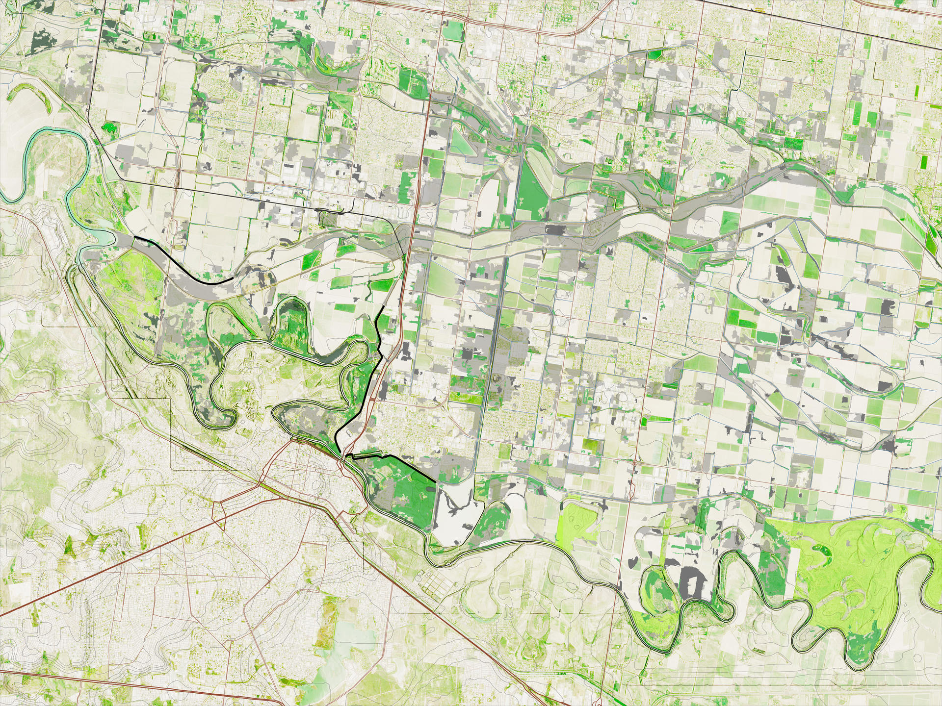 Existing condition. Grey means disturbed grasslands and abandoned farmlands. The riparian corridor has been segregated by farmlands and urban contexts on both sides of the river/border.