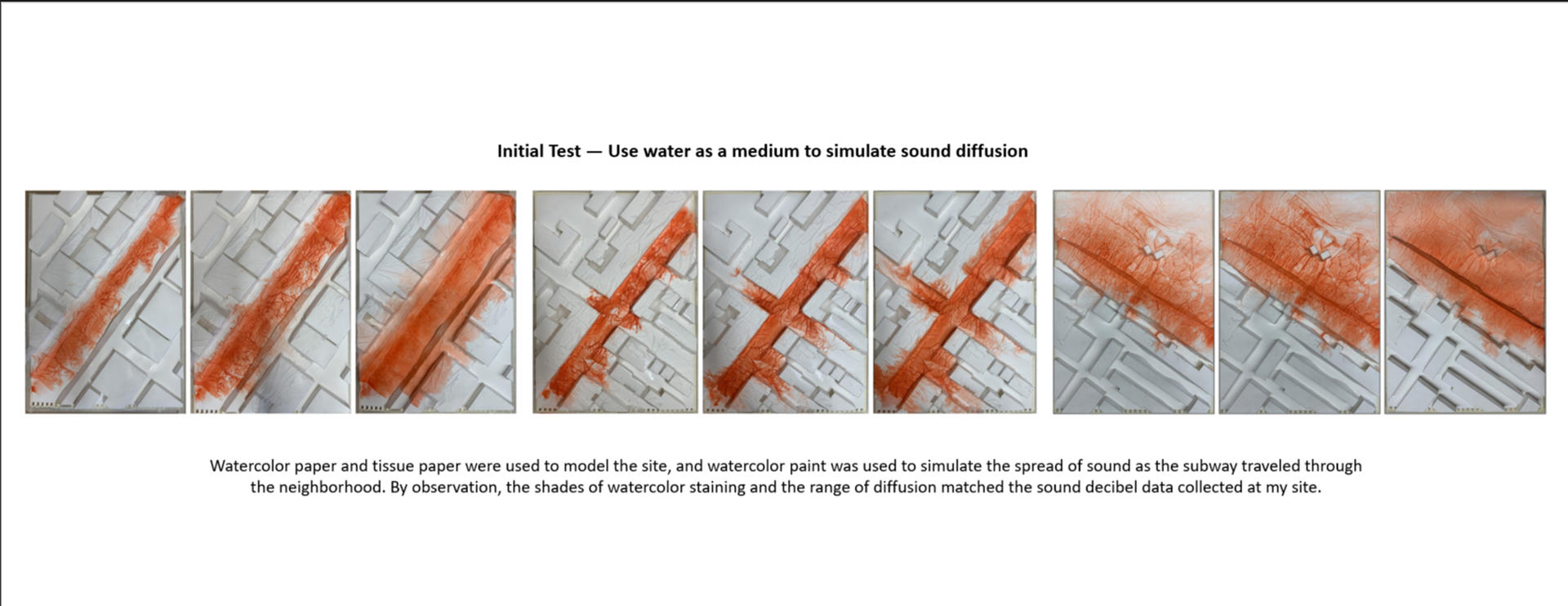 Experimenting with sound diffusion on a white model using orange watercolor.