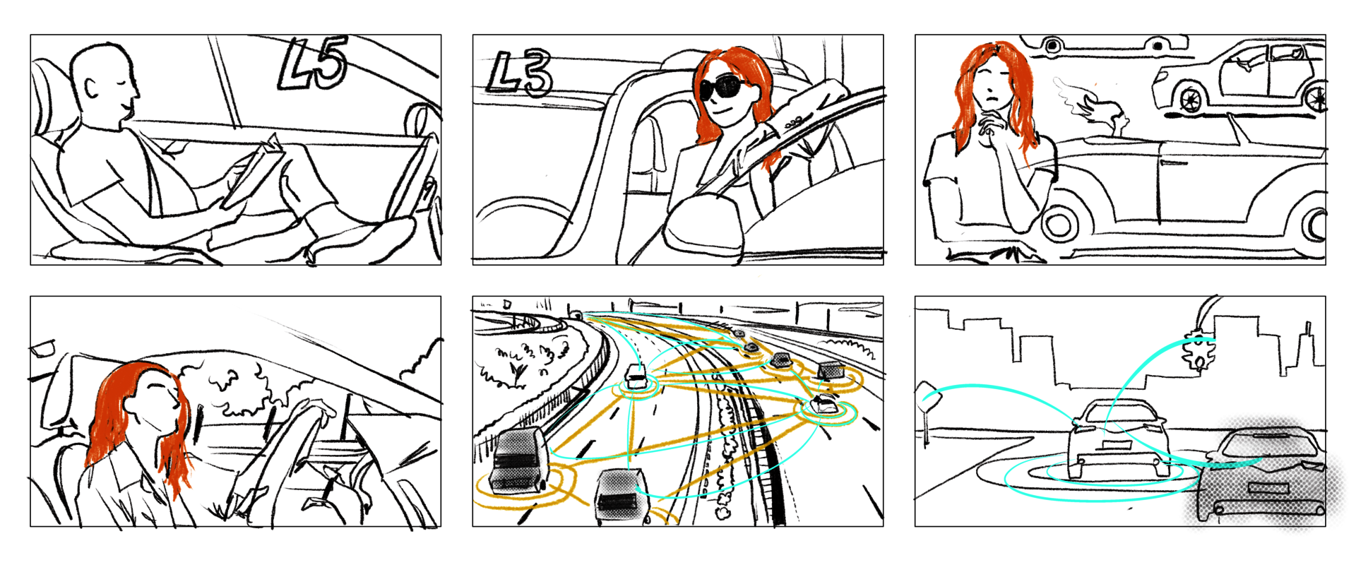 Our persona, Ava's storyboard shows her driving a traditional car when the cars around her are fully autonomous. 